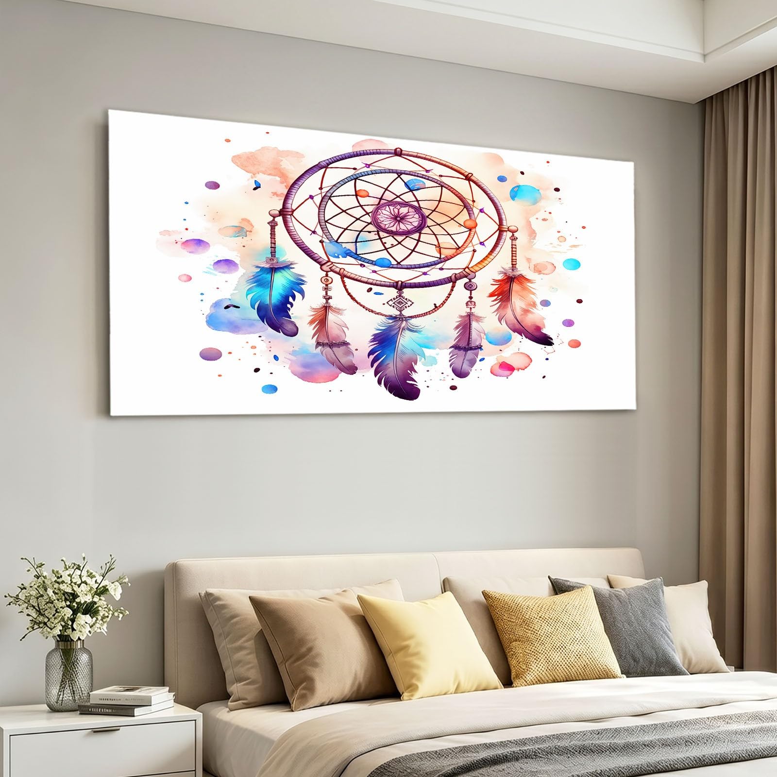 Leinwandbild Bilder 90 x 60 cm Bohème Wanddeko, Weiß Traumfänger Feder Kunstdruck, Wandbilder für Wohnzimmer, Schlafzimmer & Esszimmer