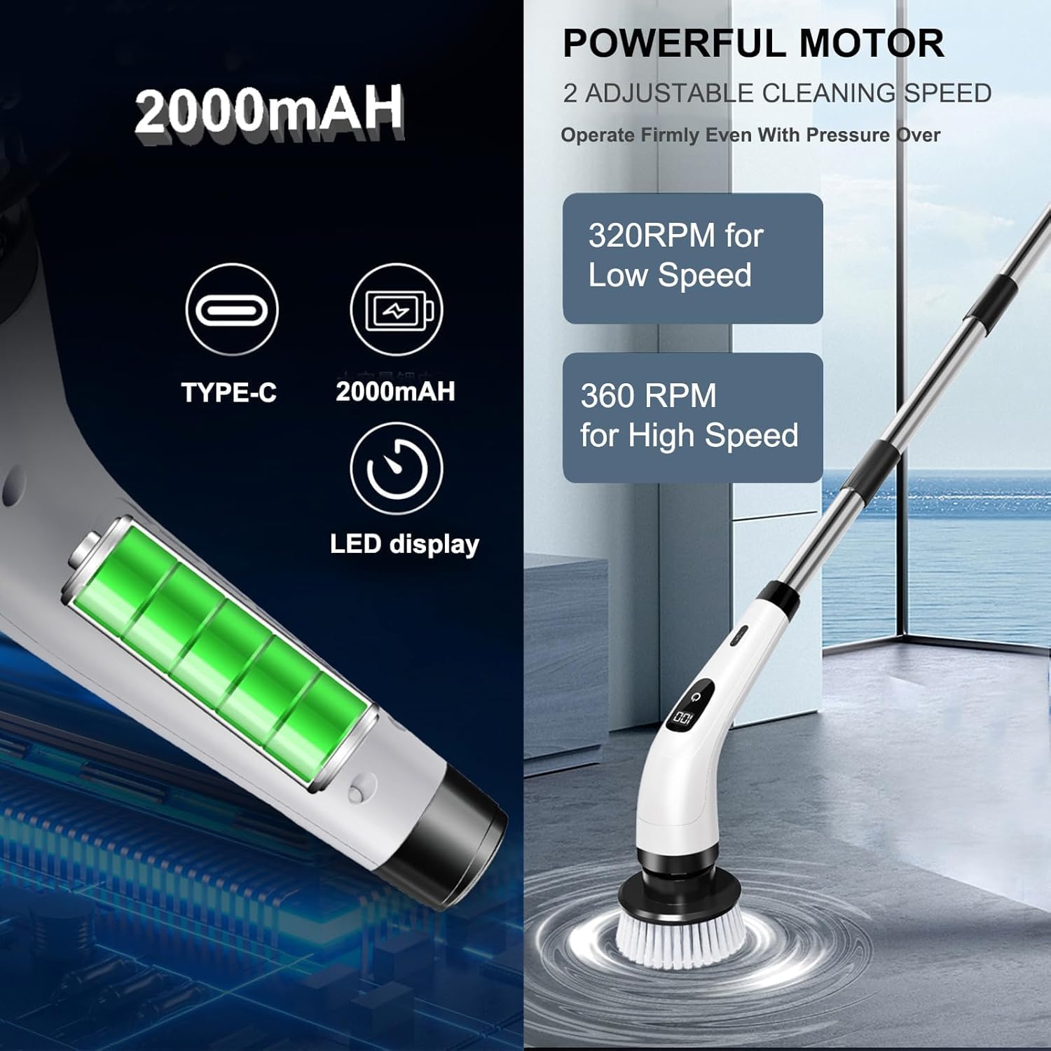 Zjyufy Electric Cleaning Brush Wireless Electric Rotary Scrubber with 8 Brush Heads Adjustable Handle Cleaning Brush for Tiles Shower Bathroom Kitchen and Floors - Image 3