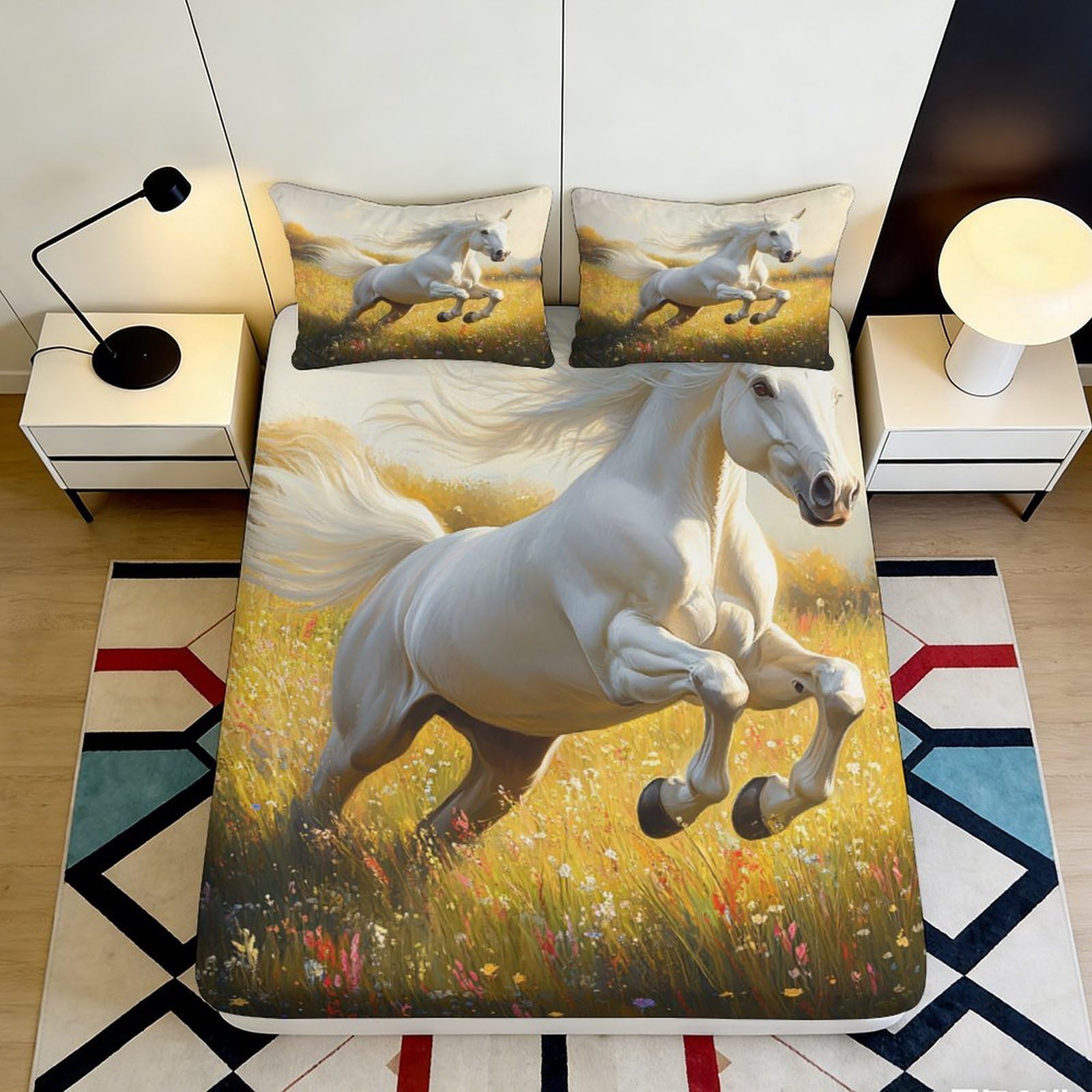 3D Printed White Horse Meadow Fitted Sheet Microfiber Soft Anti-Slip Bed Cover for Bedroom Guest Room Decor 120x200x25cm