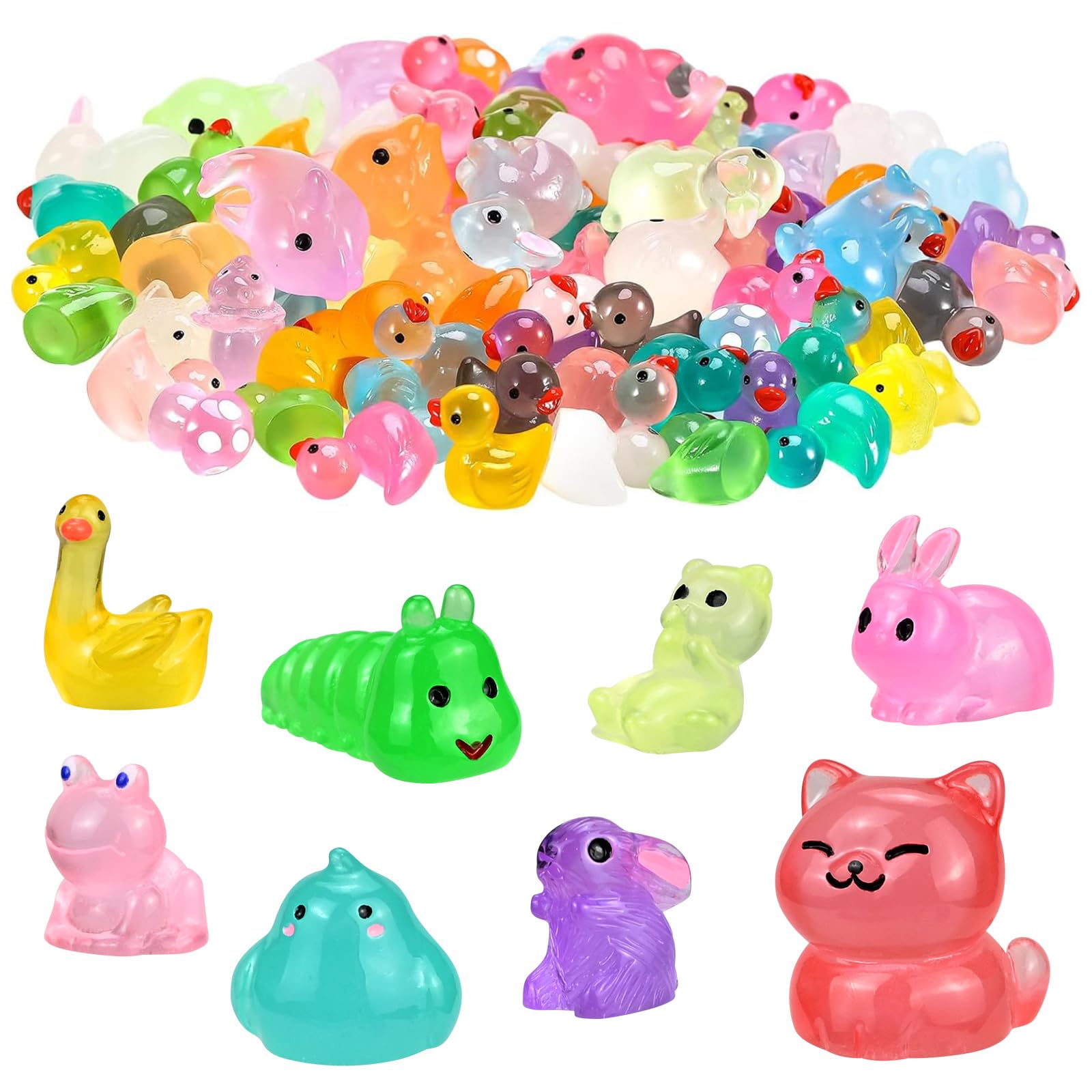 150 PCS Mini Luminous Resin Animals - 21 Styles Tiny Mixed Luminous Resin Animals, Little Small Plastic Animal Figures Glow in Dark for Micro Landscape Fairy Garden Plant Aquarium Dollhouse Decor