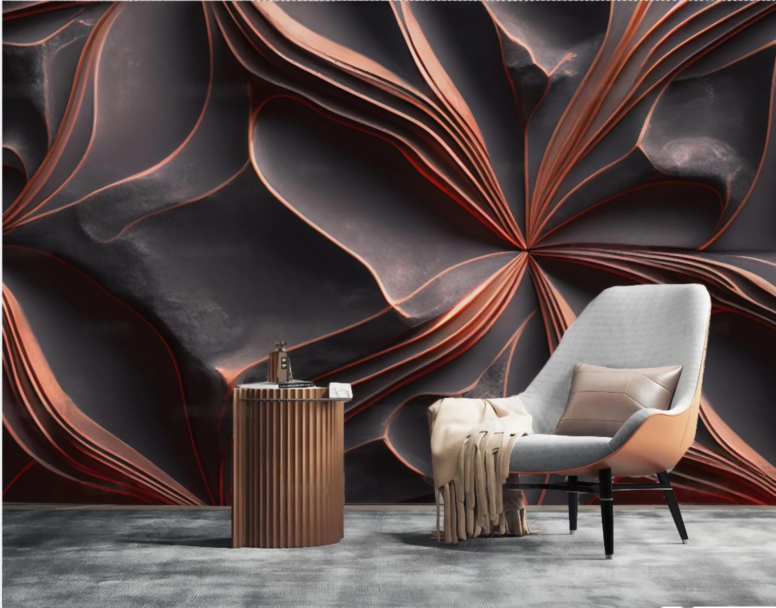 Tapeta Trójwymiarowa Abstrakcyjna Linia Różowe Złoto Kwiat Tekstura Tłoczona Szary Piaskowy Marmur TV Sofa Tło Ściana Salon Restauracja Kawiarnia Mural, 3D, 250 x 175 cm