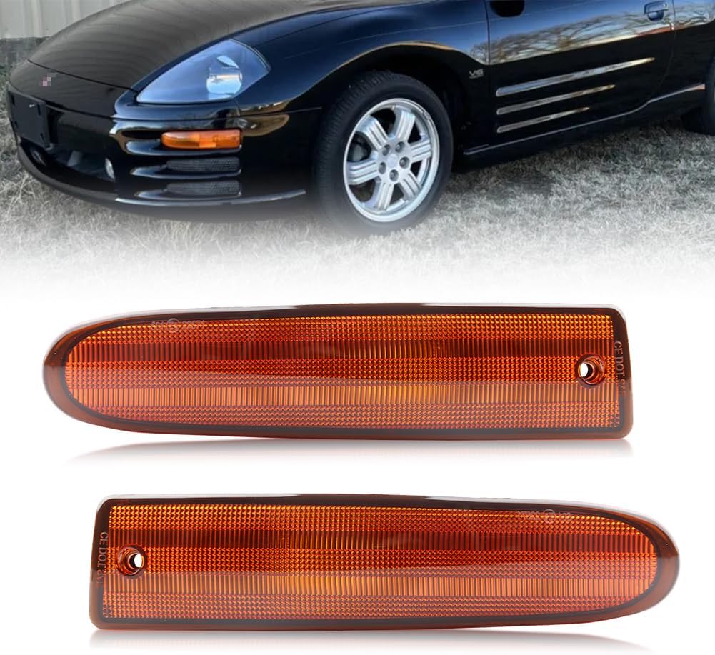 2 PCS Front Bumper Side Marker Lights Housing Compatible with Mitsubi-shi Eclipse 2000-2002, [DOT] [IP67 Waterproof] Front Turn Signal Marker Light Cover [No Bulbs], Sleek Amber Lens