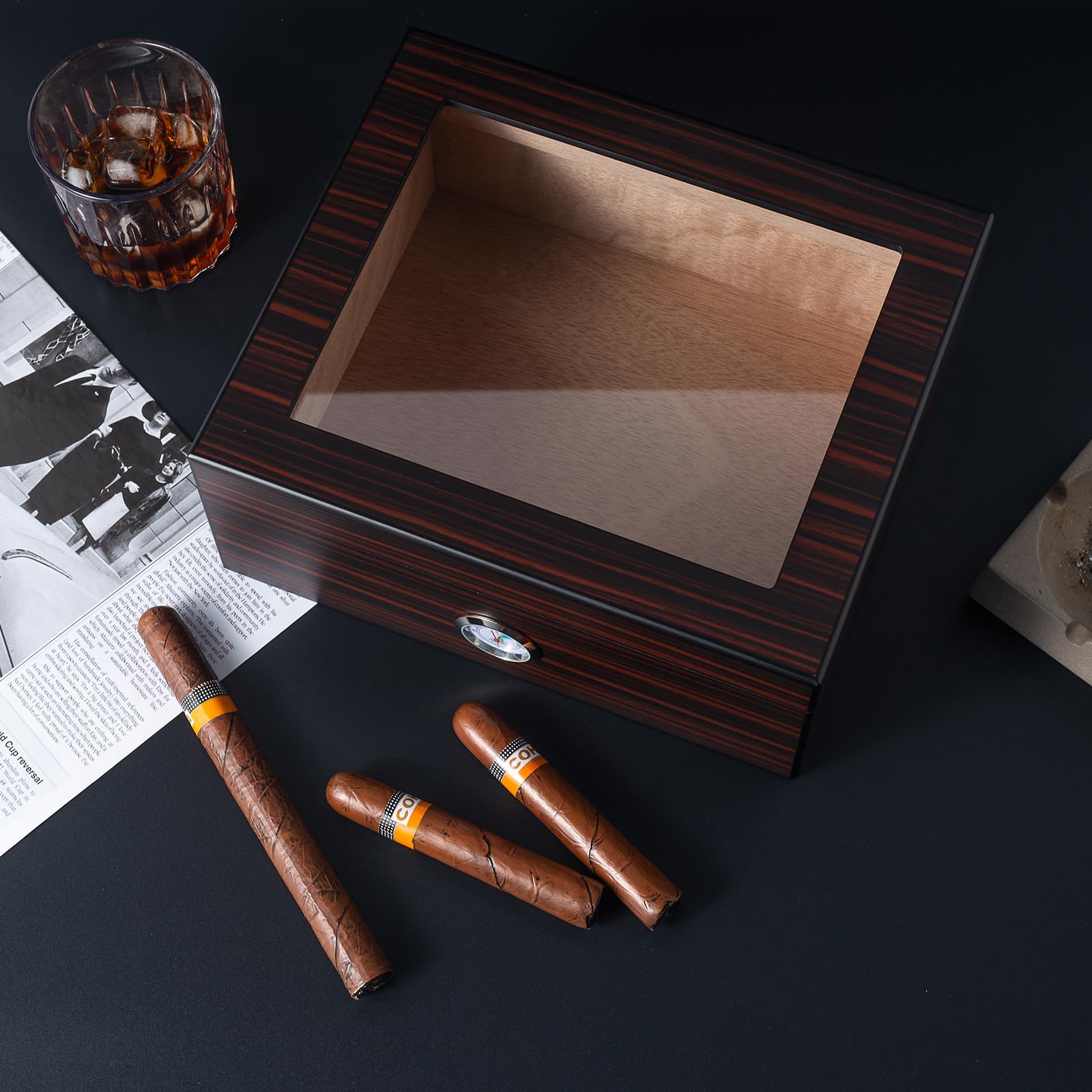 Cave à cigares pour 40 à 50 pièces – Élégante cave avec hygromètre et humidificateur – Cave doublée de cèdre pour un contrôle optimal de l'humidité (ébène)