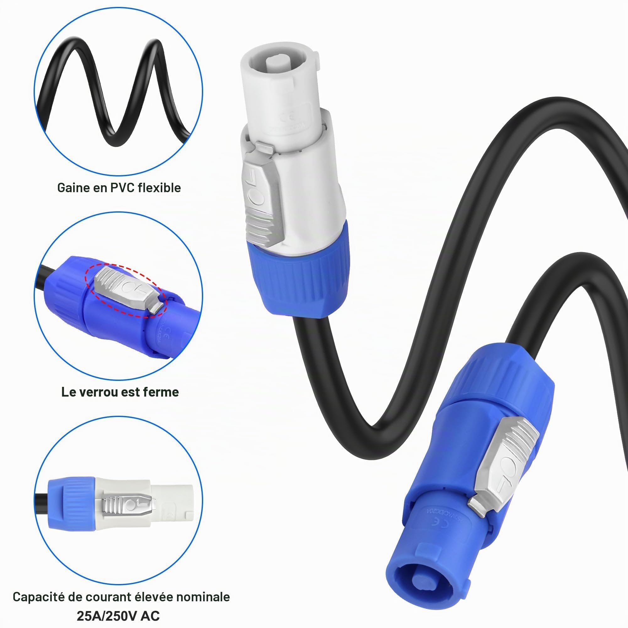 XMSJSIY PowerCon Câble d'alimentation 14 AWG 3 broches AC PowerCon entrée vers sortie Câble d'extension pour écran LED, faisceau de lumière de scène, équipement audio vidéo et plus encore - 2 m