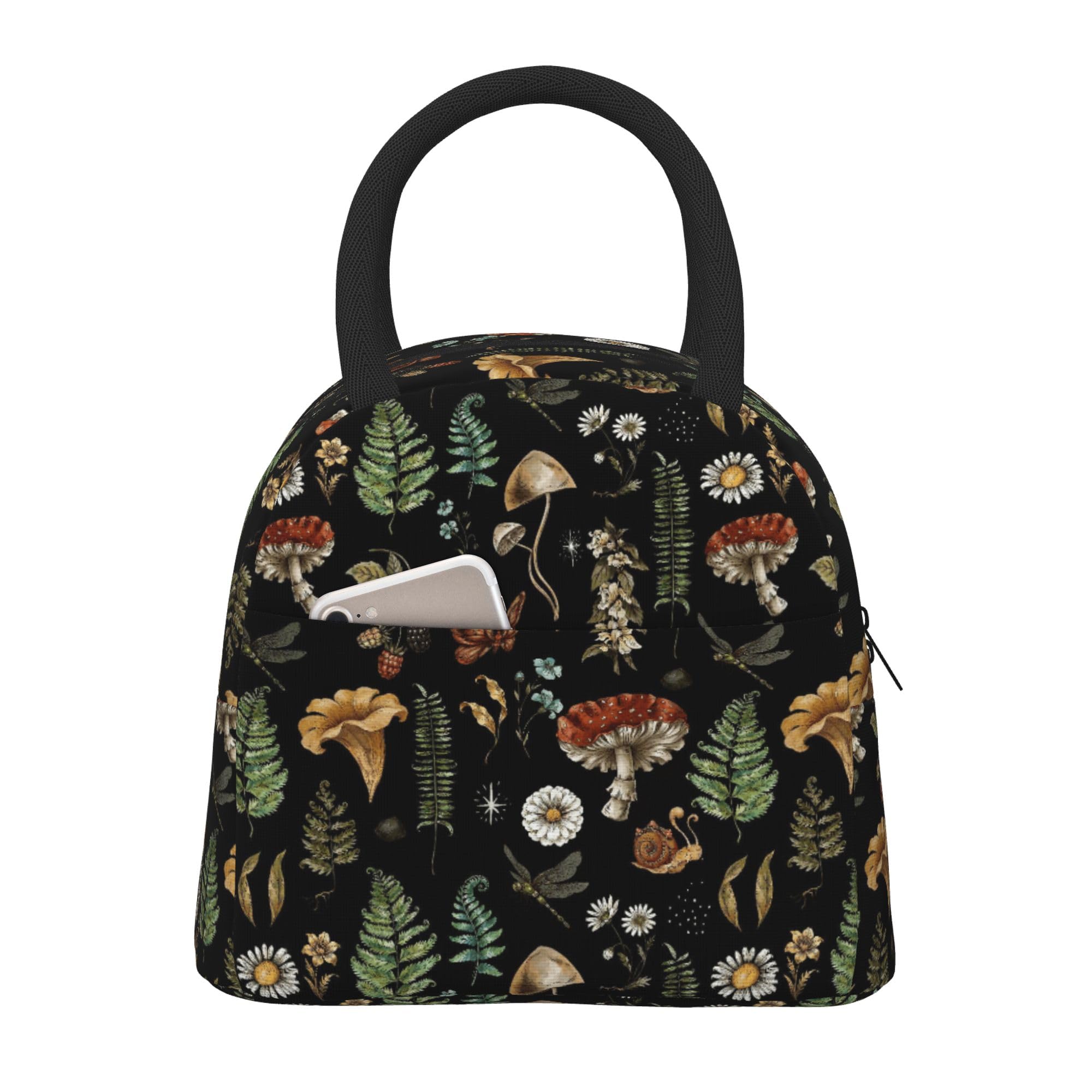 Mushroom Insulated Lunch Bag for Women Girls, Reusable Leakproof Thermal High Capacity Lunch Box Bag with Front Pocket, Waterproof Durable Cooler Tote