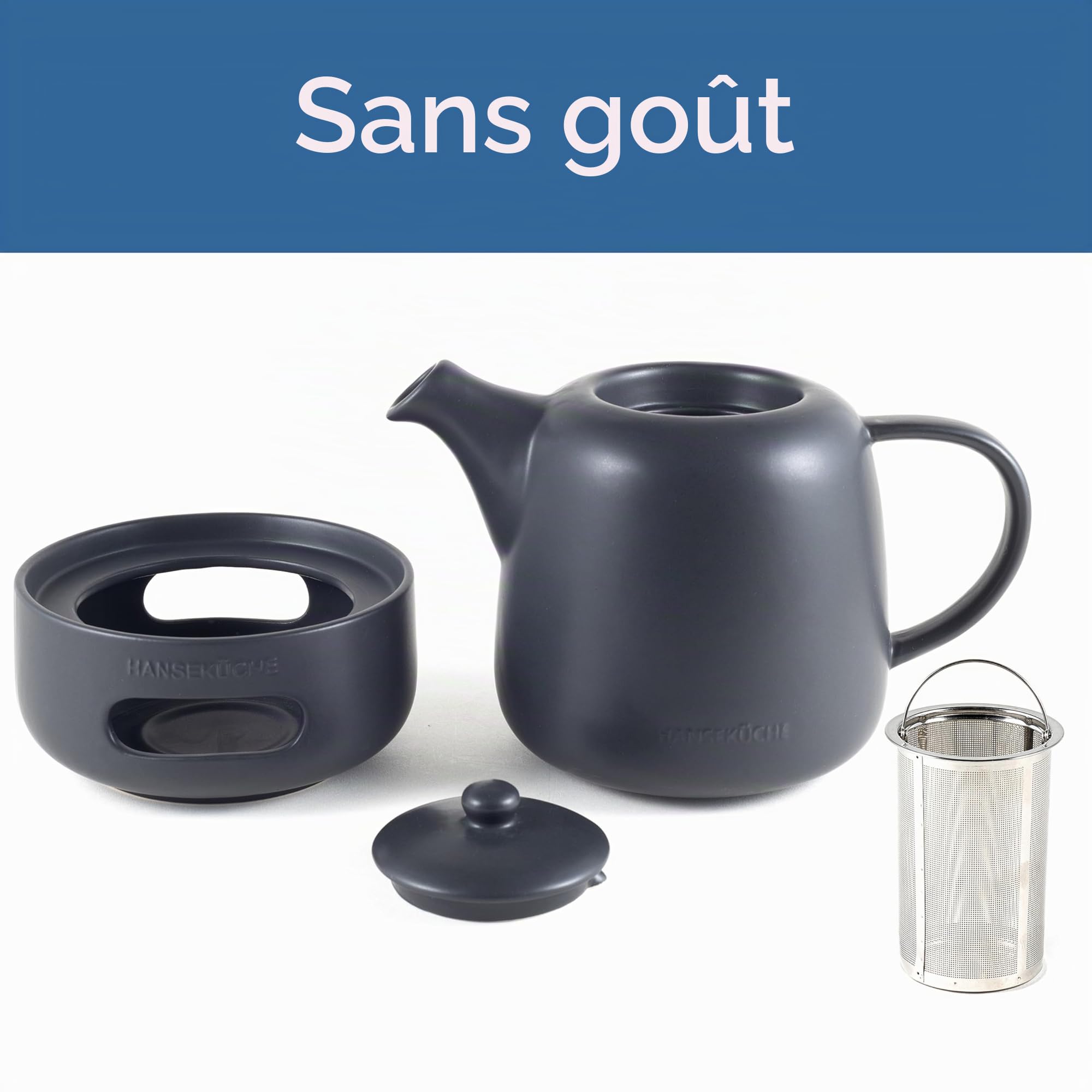 Hanseküche Théière avec réchaud – Théière de haute qualité avec infuseur amovible en acier inoxydable 304 – Design de récipient à thé pour thé en feuilles et sachets de thé, théière isotherme, noire