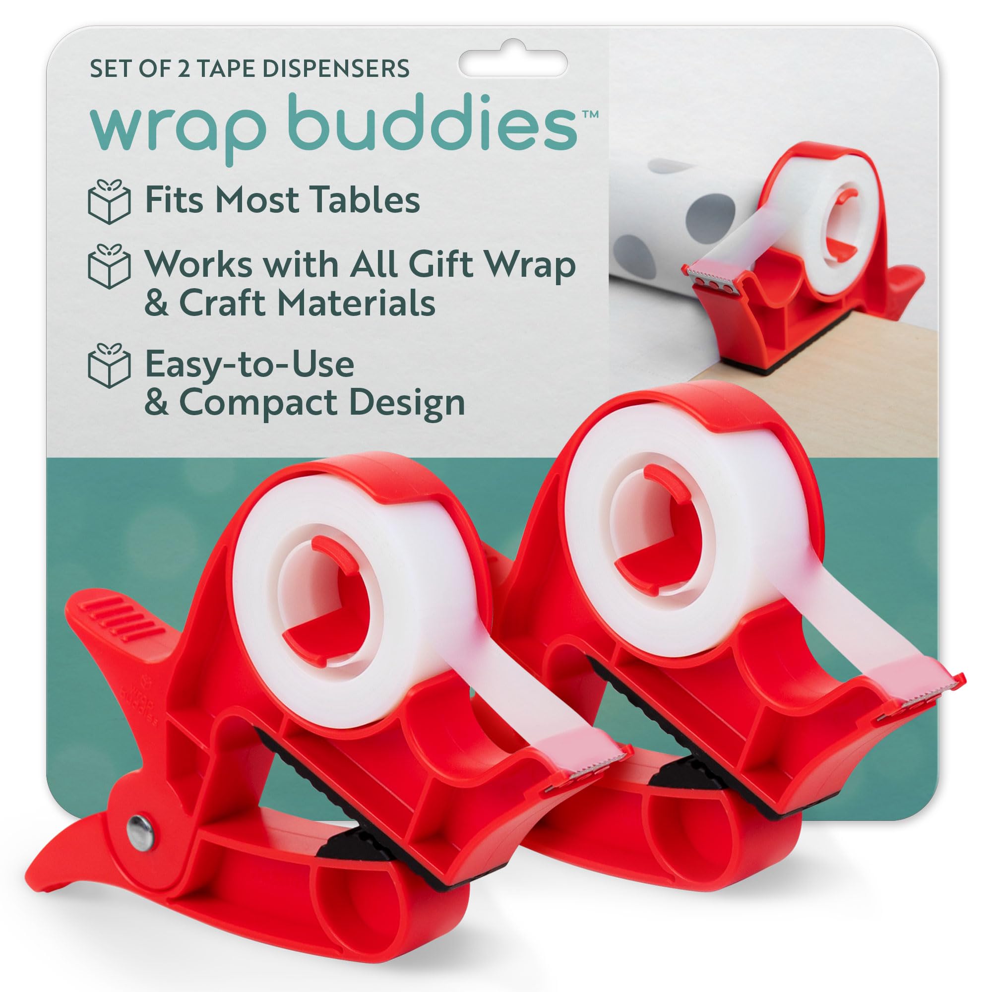 Wrap Buddies Tabletop Gift Wrapping Tool with Tape Dispenser – Set of 2 Adjustable Wrapping Paper Table Clamps with Craft Tape Dispenser - Perfect for Holidays and Crafting - Cherry Red