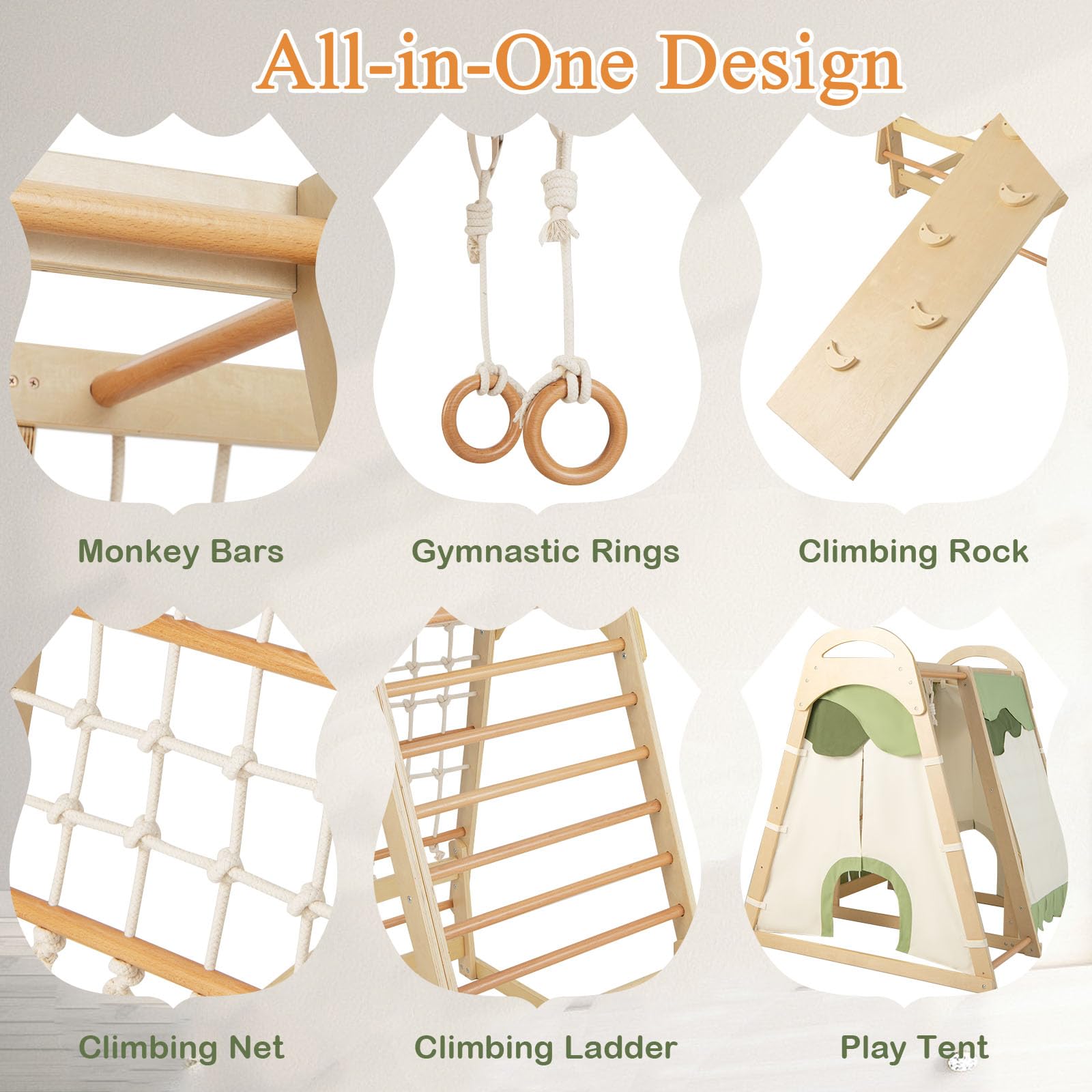 LIFEZEAL 6 in 1 Kletterdreieck Indoor, Klettergerüst mit Rutsche aus Holz, Kletternetz & Kletterleiter & Ringe, Kinderspielplatz Kletterspielzeug ab 3 Jahre