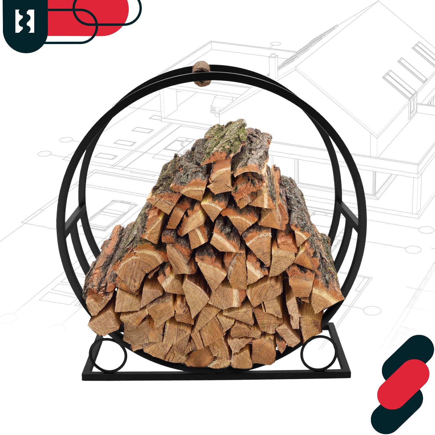 KOTARBAU® Holzkorb für Kaminholz - 55 x 25 x 60 cm - Kaminholzregal für innen & außen - Rund - ⌀ 60 cm - Holz Tragekorb - mit Griff - Metall Korb für Kaminholz - Dekorativ - Stahl - Schwarz