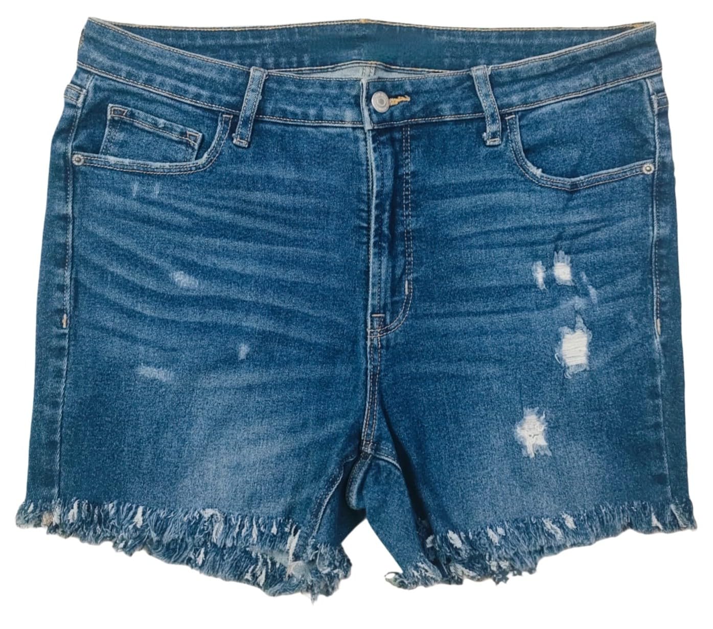 Plus Size Women Stretch Denim Shorts with Bottom Fringes- Length 15 inch- Rugged- HIGH Rise- Faded Denim Blue Color- Waist Size (2XL) 36 to (3XL) 38 inch-image-37