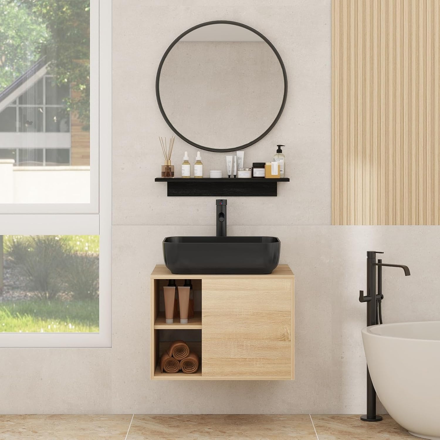 YOURLITE Bathroom Vanity, Wall-Mounted, 24" Floating Bathroom Cabinet with Mirror, Shelves & Faucet, Black Ceramic Vessel Sink