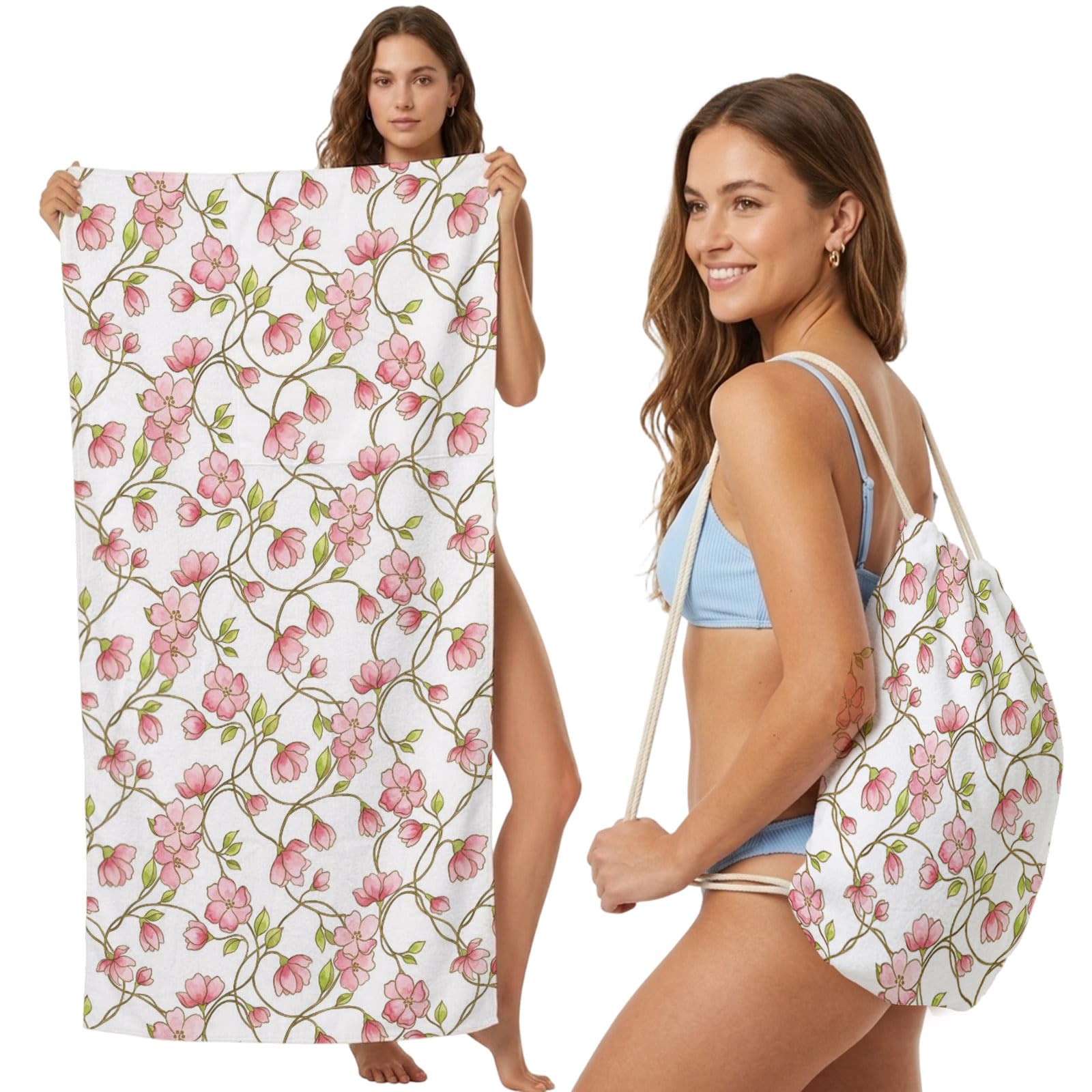 Beach Towel Bag 2 in 1 Pink Floral Vines Bath Pool Towels Backpack Buds Bloom Petals Absorbent Beach Towel Soft Quick Dry Lightweight Packable Towels Drawstring Bag for Travel Camping Sports Yoga