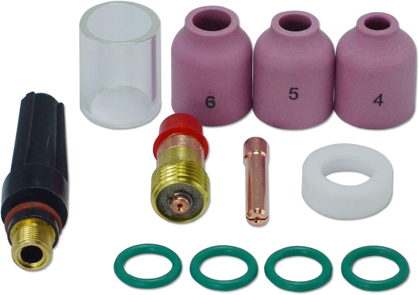 TIG Stubby Gas Lens (17GL116 1/16") Clear Quartz Nozzle Pyrex Glass TIG Cups #10 5/8" & 16mm)Ceramic Cup 53N59#5 53N60#6 17GLG20 Insulator Gasket Kit DB SR WP 17 18 26 TIG Welding Torch 12pcs