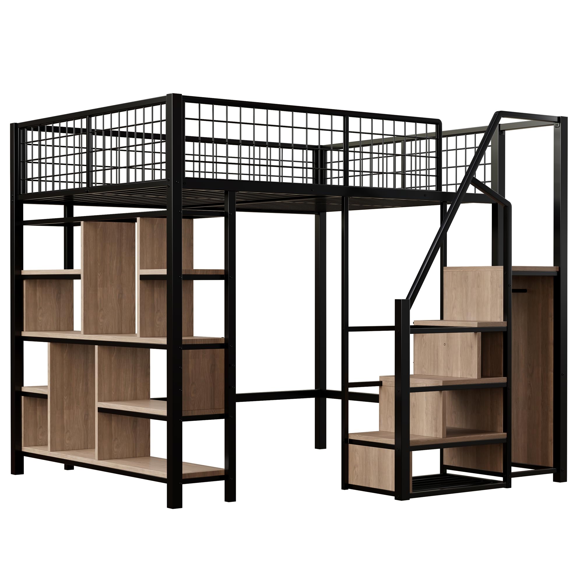 Kayan Hochbett 140 x 200 cm, Metallbett mit Stauraum, Ablageflächen und Treppe, Funktionsbett Kinderhochbett Jugendhochbett mit Rausfallschutz, Weiß, ohne Matratze (Schwarz)