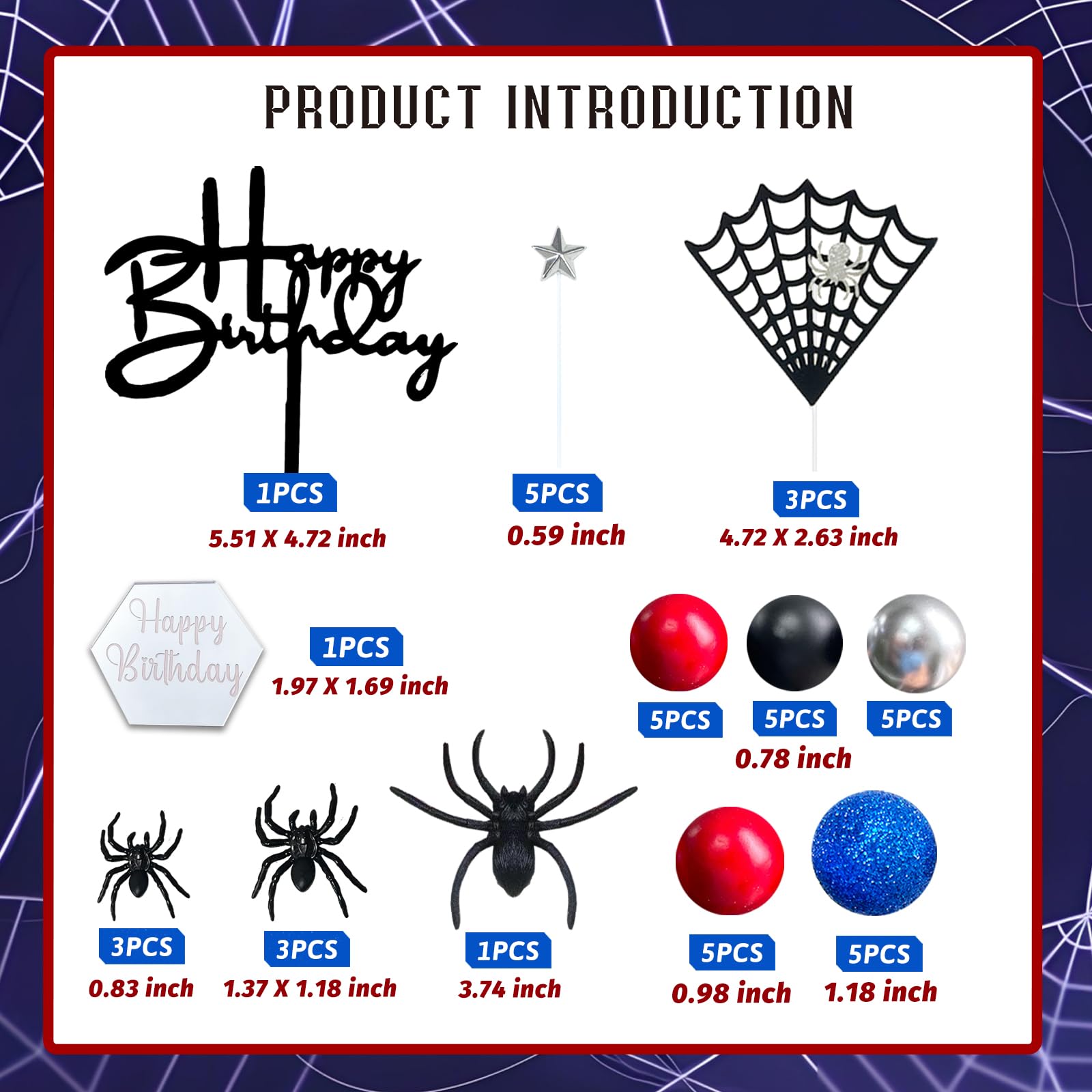 42pcs Spider Cake Topper Balls Cake Decorations with Spider Web Black Red Silver and Glitter Blue Balls for Boys Men Baby Shower Birthday Party Supplies