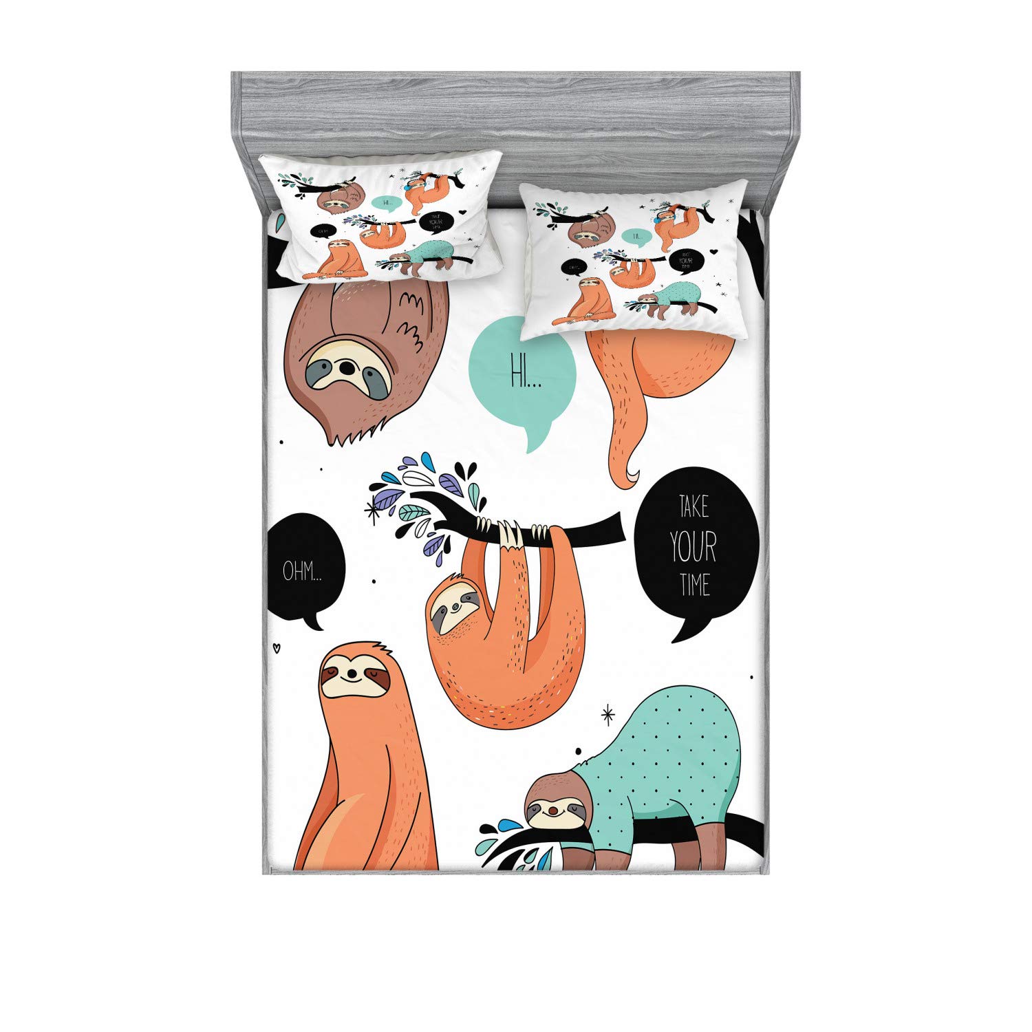 Ambesonne Animal Fitted Sheet & Pillow Sham Set, Cartoon Style Illustration Tribe of Sloths Smiles Sleeping Lazy Does Yoga Words, Decorative Printed 3 Piece Bedding Decor Set, King, Salmon Teal