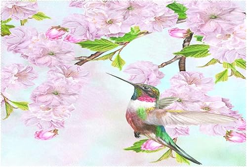 Miniatura 7 de visesunny Spring Bird Colibrí On A Background of Branches The Cherry Blossoms - Manteles individuales con patrón de flores de cerezo, mesa de