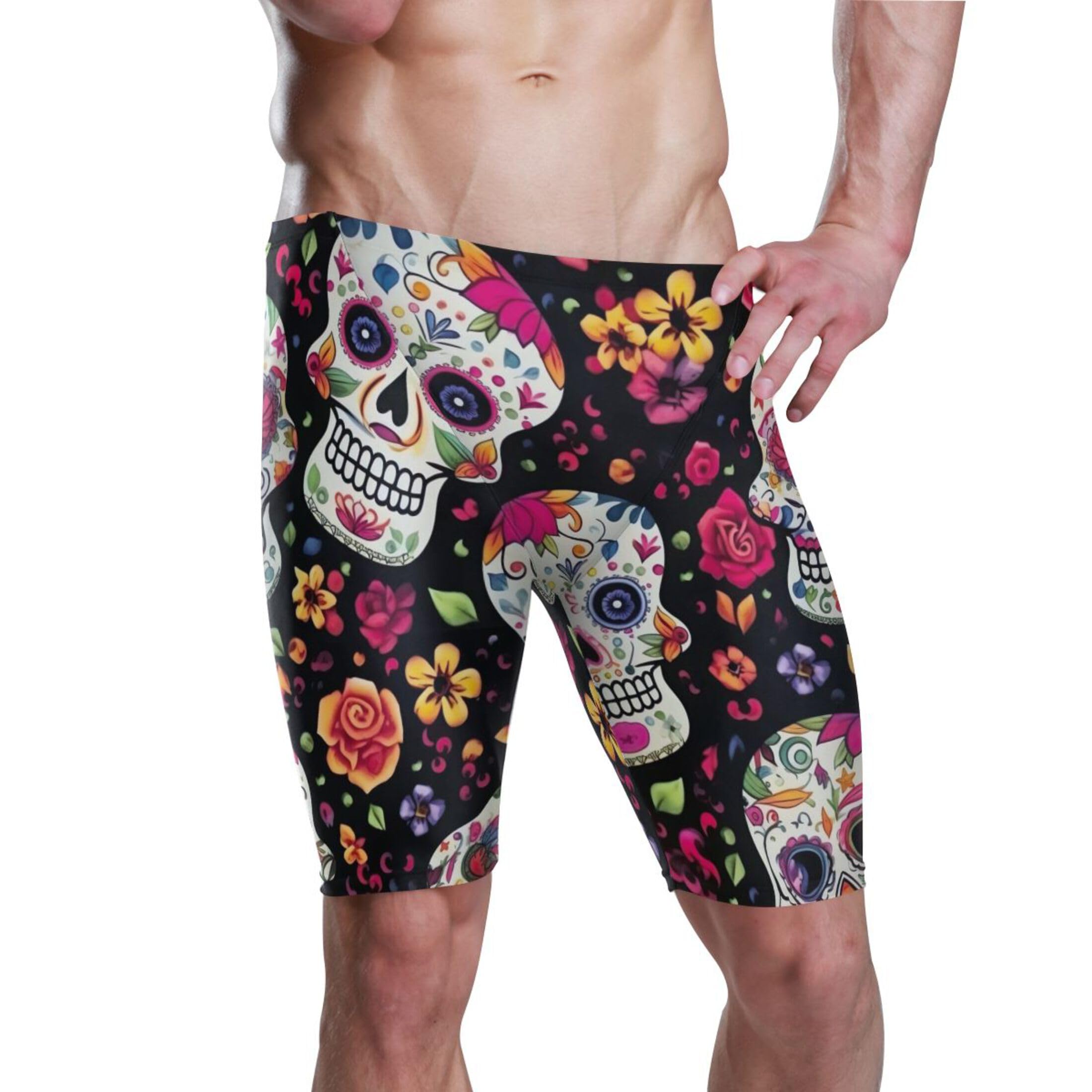 Sugar Skull Skeleton Gothic Flowers Men's Swimsuit Swim Jammers L B0400573