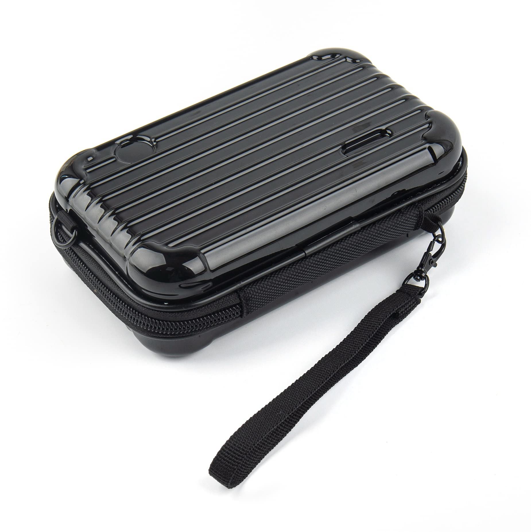 Framendino, Black Hard Shell Cosmetics Case Carrying Hard Bag for Toiletry, Mini Cross Body Bag Mini Hard Shell Suitcase Cosmetic Case with Detachable Grip Rope and Shoulder Strap for Women Travel