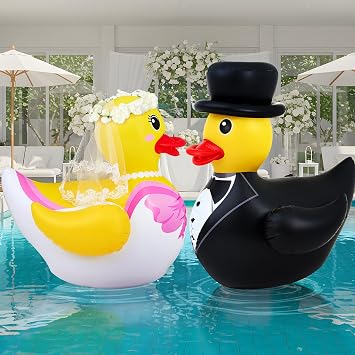 Hungdao 2 Pcs 4 ft Wedding Duck Floatie Inflatable Pool Floats Large Bride Groom Rubber Duck for Wedding Bridal Bachelorette Party Decoration Engagement Gifts Not Include Wreath and Air Pump