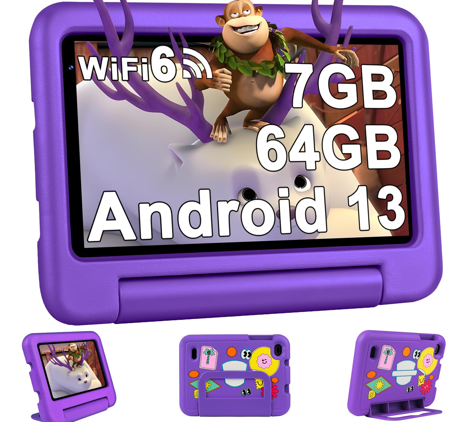2025 Tablet Bambini 7 Pollici Android 13, 7GB RAM+64GB ROM (TF 1TB), WiFi 6 BT 5.0, Octa-Core, GMS Certificated | Controllo Parentale | Doppia Fotocamera | GPS | Tablet con Custodia EVA - Viola