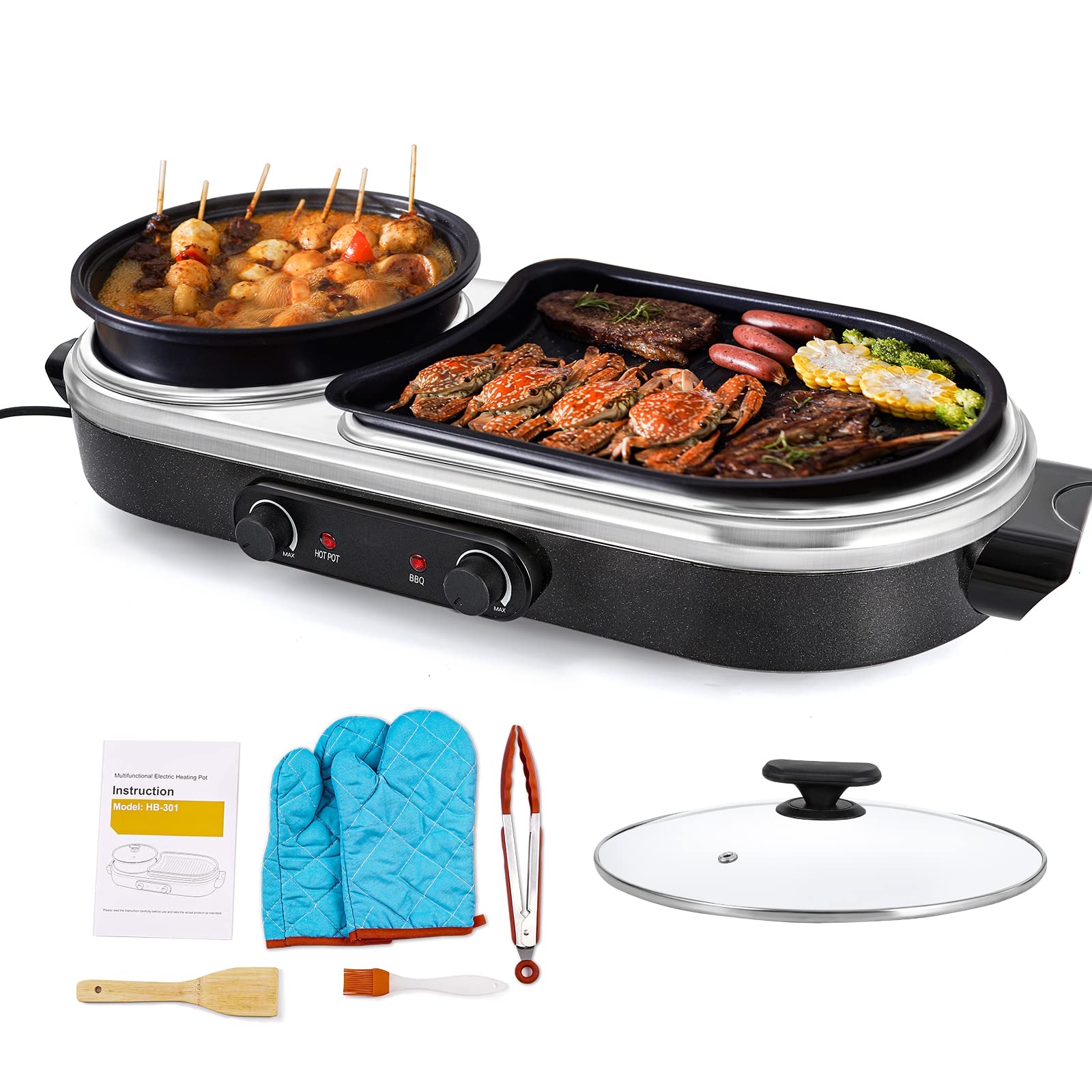 Electric Hot Pot Grill Removable 2 in 1 Shabu-shabu Pot Korean BBQ Grill Large Baking Tray Divider Hotpot, Smokeless Non-Stick Cooker Pan, Temperature Control, 2-10 People