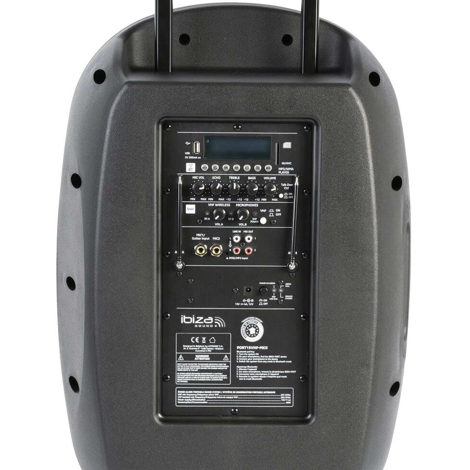 Pack Sono DJ 1600W Ibiza PORT15VHF-MKII-TWS, Portable Autonome 15" USB/Bluetooth/Couplage sans Fil - Lumières LED, Soirée