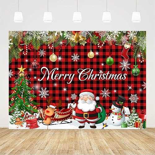 Miniatura 2 de AIBIIN Telón de fondo de Navidad a cuadros de búfalo de 7 x 5 pies, decoración de fiesta de Feliz Navidad, árbol de Navidad, rojo y negro, a