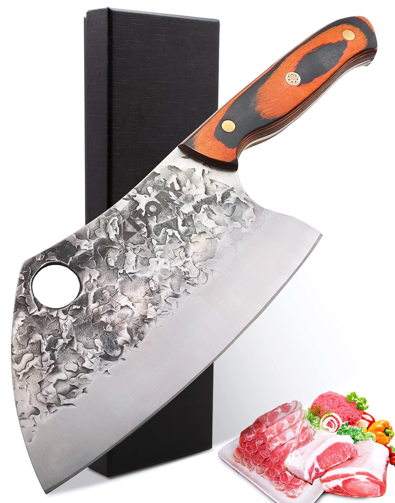 Kitory Serbisches Hackmesser 18cm, Chinesisches Küchenmesser für Fleisch & Knochen, Handgeschmiedet, Pakkaholz-Griff mit Mosaik-Niete