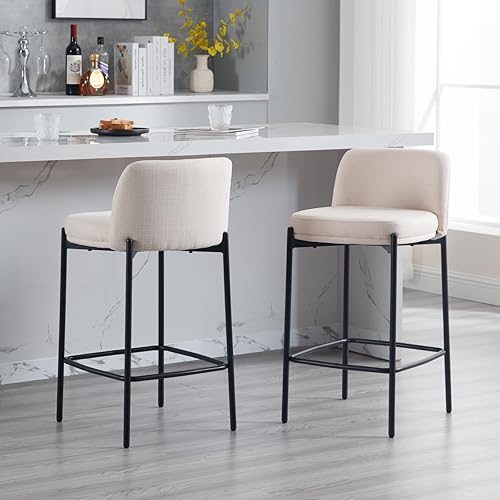 Miniatura 8 de Juego de 2 taburetes modernos de lino de 26 pulgadas, taburetes de bar tapizados beige con respaldo cómodo, sillas de comedor altas, sillas de isla