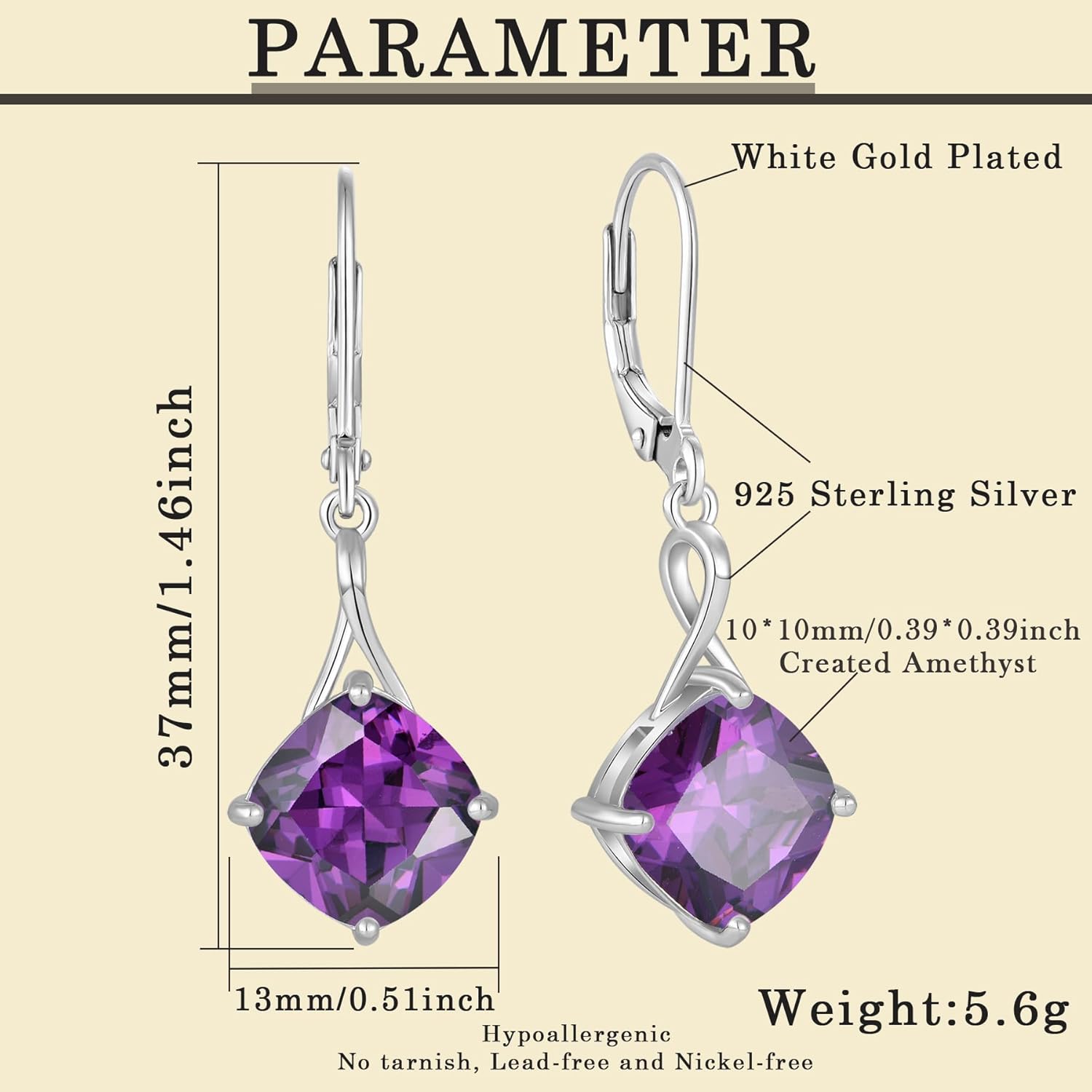 Birthstone Earrings for Women 925 Sterling Silver Square Cubic Zirconia Dangle Drop Earrings Simple Jewelry for Her - Image 6