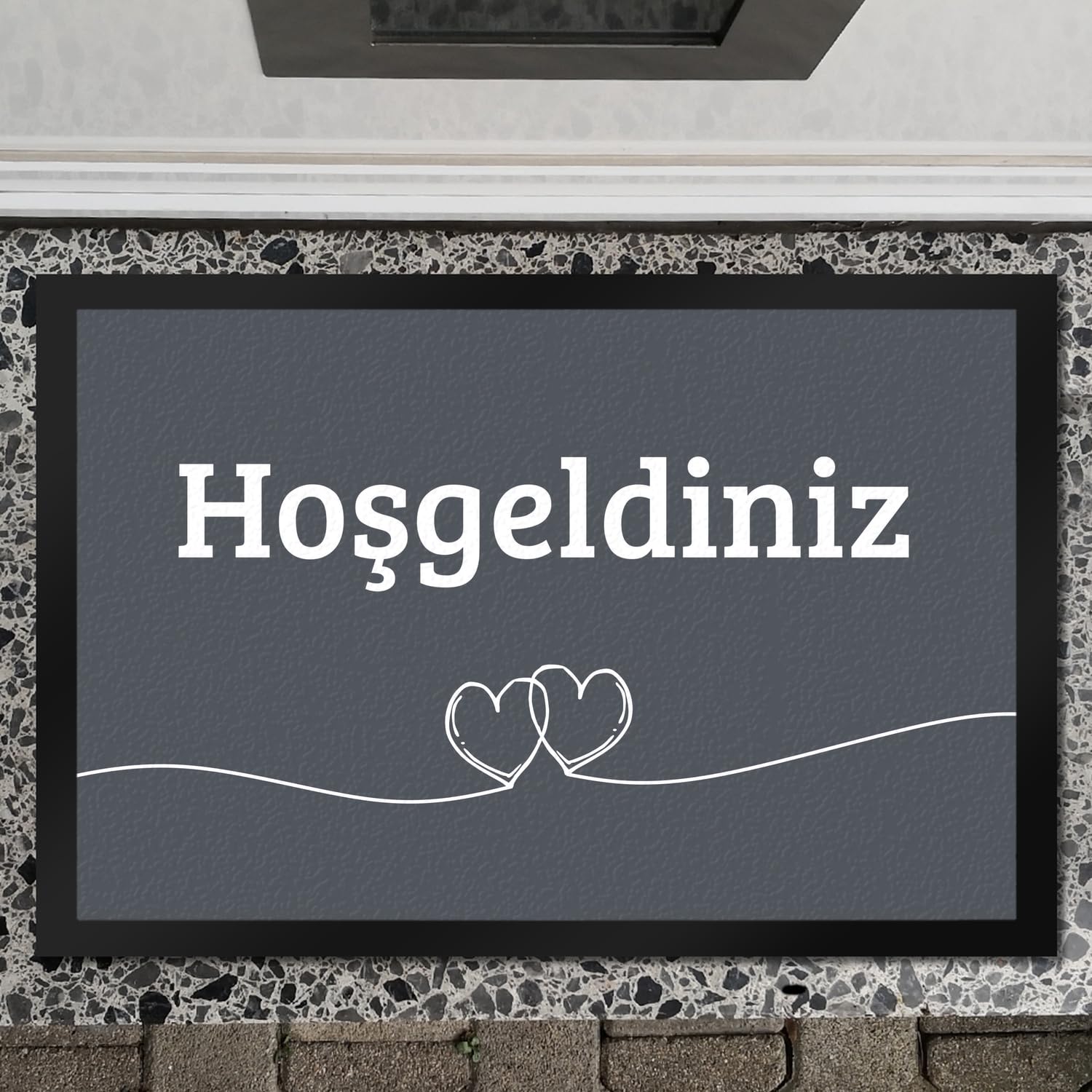 Fußmatte Hosgeldiniz türkisch in dunkelgrau mit Herzen Willkommen Paspas