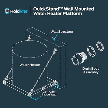 HoldRite QuickStand Wall Mounted Water Heater Platform with Steel Drain, Up to 50 Gallons, Hanging, 50-SWHP-WM