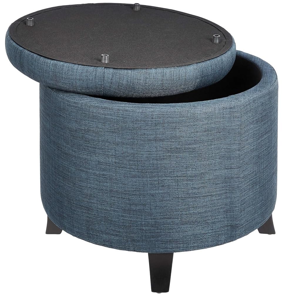 BAKAJI Pouf Contenitore Poggiapiedi in Legno con Scomparto Interno, Baule Portaoggetti con Seduta Imbottita, Sgabello Rotondo 51 x 51 x 43 cm Arredamento per Soggiorno, Cameretta (Blu Lino)