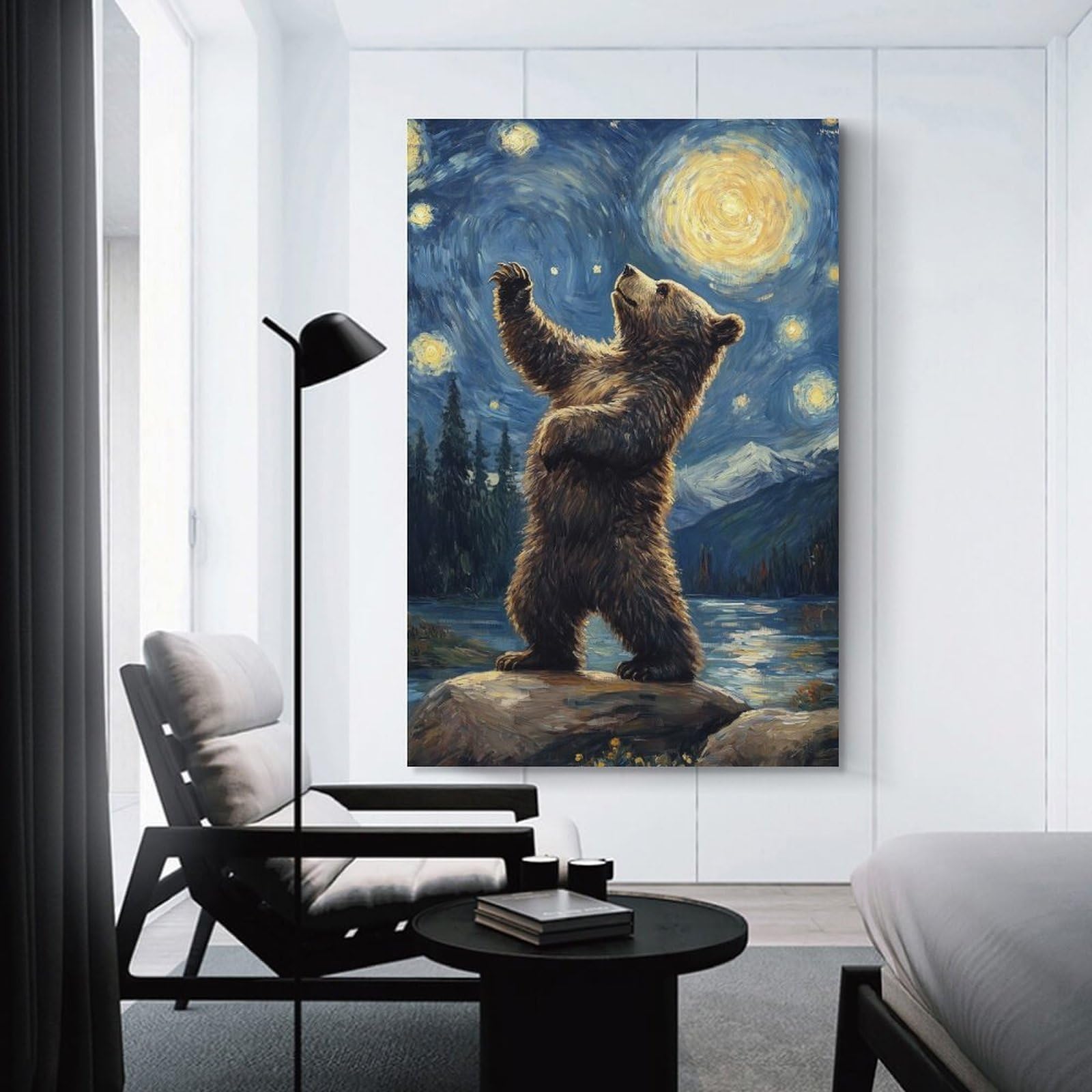 Junmoney Bear Gazing at Stars Wall Decor Canvas Print, 24x36inch(60x90cm), for Living Room, Lounge Or Sitting Room, Easy Decor for Gallery Walls