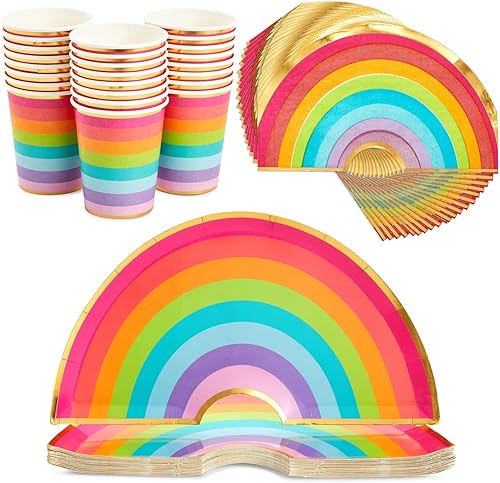 Miniatura 1 de BLUE PANDA Juego de 72 platos de papel arcoíris, tazas y servilletas para fiesta, surtido de vajilla de papel en azul, dorado y blanco, decoraciones