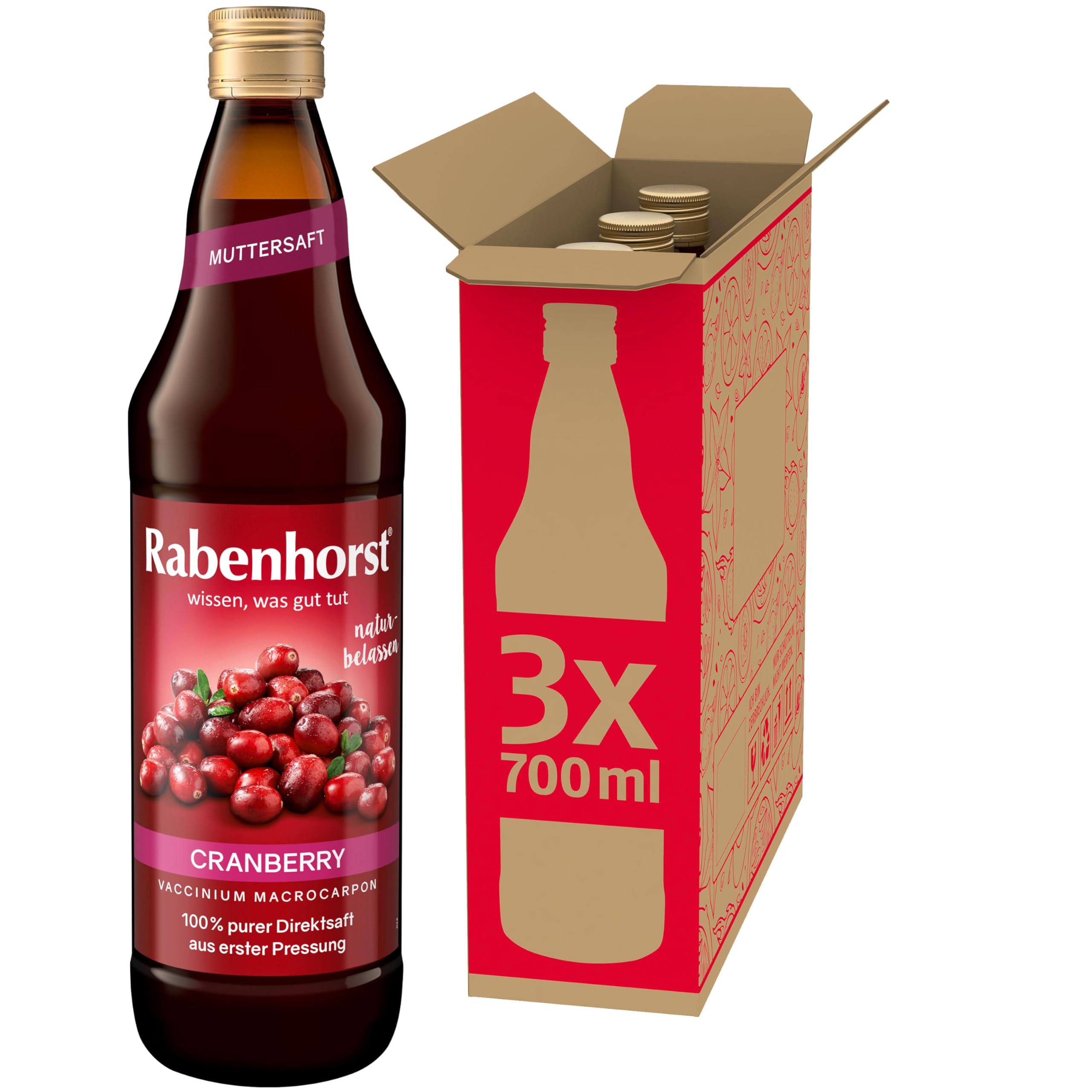 RABENHORST - Cranberry Muttersaft 3er Pack (3 x 700 ml) | 100% purer Direktsaft aus erster Pressung aus sorgfältig ausgewählten, original nordamerikanischen Cranberrys bester Qualität