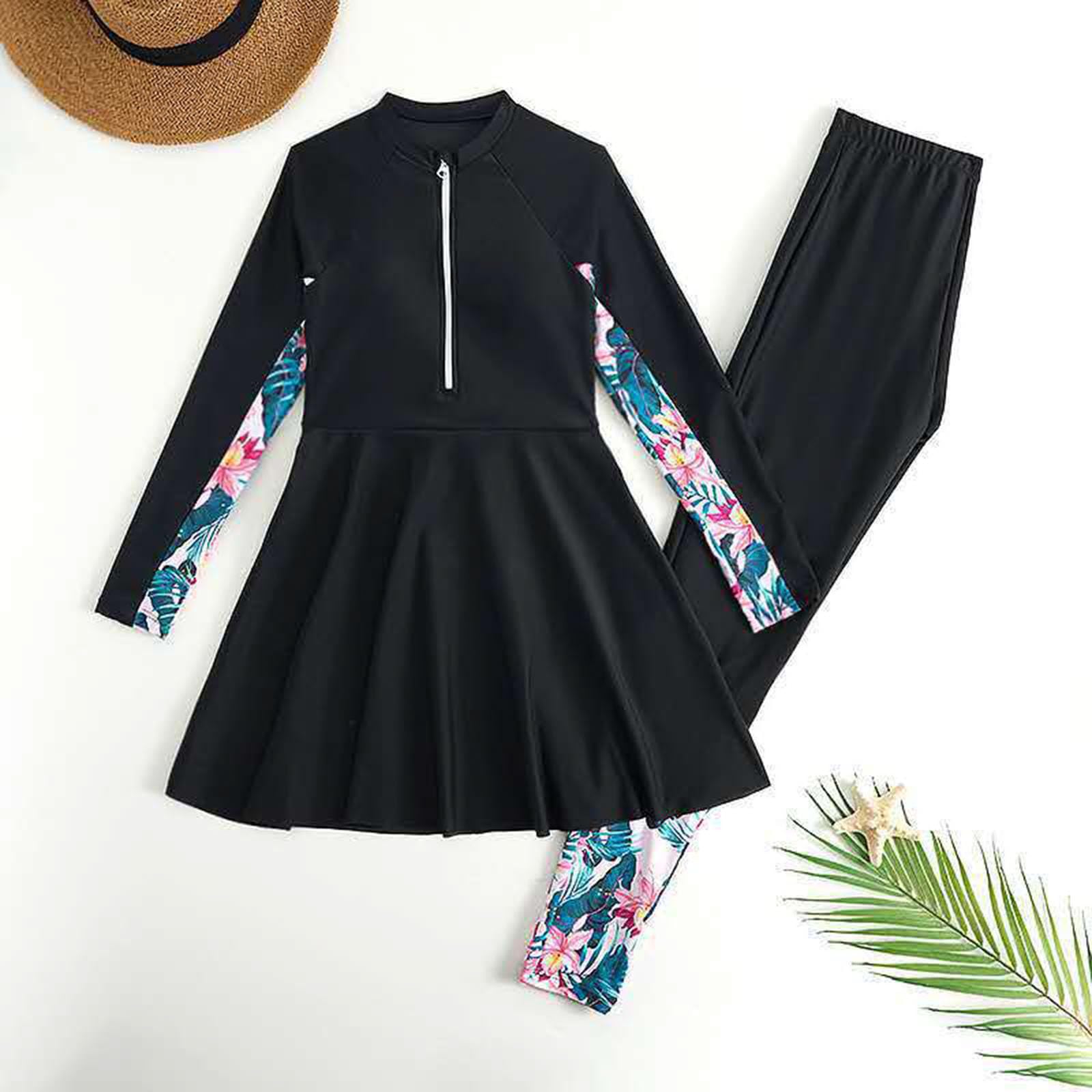 Generisch Mädchen Badeanzug mit Langen Ärmeln, 2 teiliges Set mit Rashguard, Badeanzüge für Teenager Schwimmanzug Damen Reißverschluss Cover Up Schwimmanzug Full Cover Langarm Top Hose