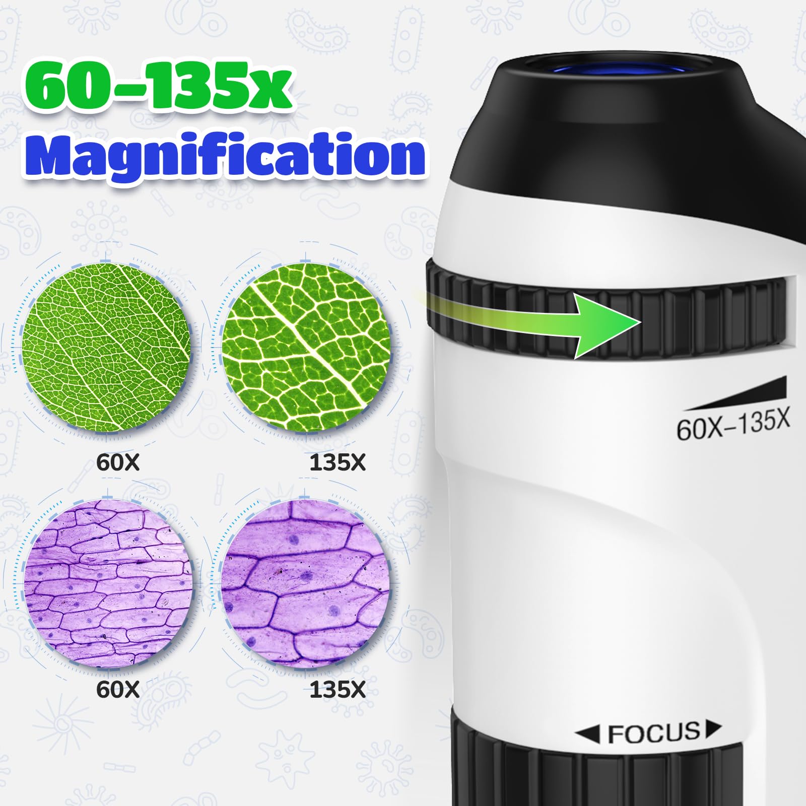 Microscopio Tascabile con Set di Vetrini: 60x-135x Microscopia Mini a LED Microscopio Portatile Bambini Regalo Educativo per Studenti Adulti Osservazione Microbiologica - Bianco