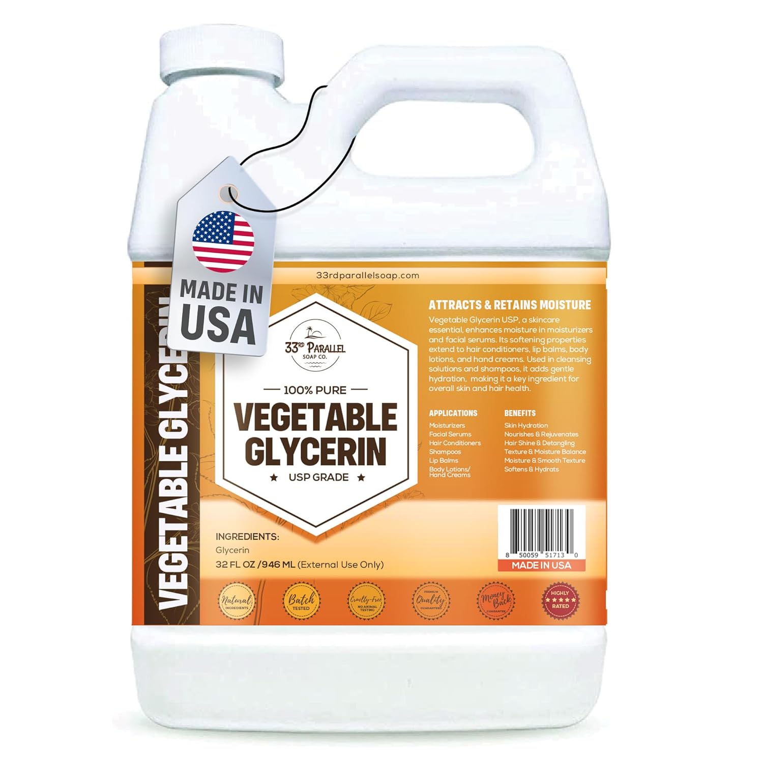 Vegetable Glycerin USP Grade (32 oz) Liquid Natural, Non-GMO | Cosmetics, Skin, Hair Care, Soap Making, DIY Beauty | Excellent Humectant Qualities, Amazing Skin & Hair Benefits | 32 FL OZ