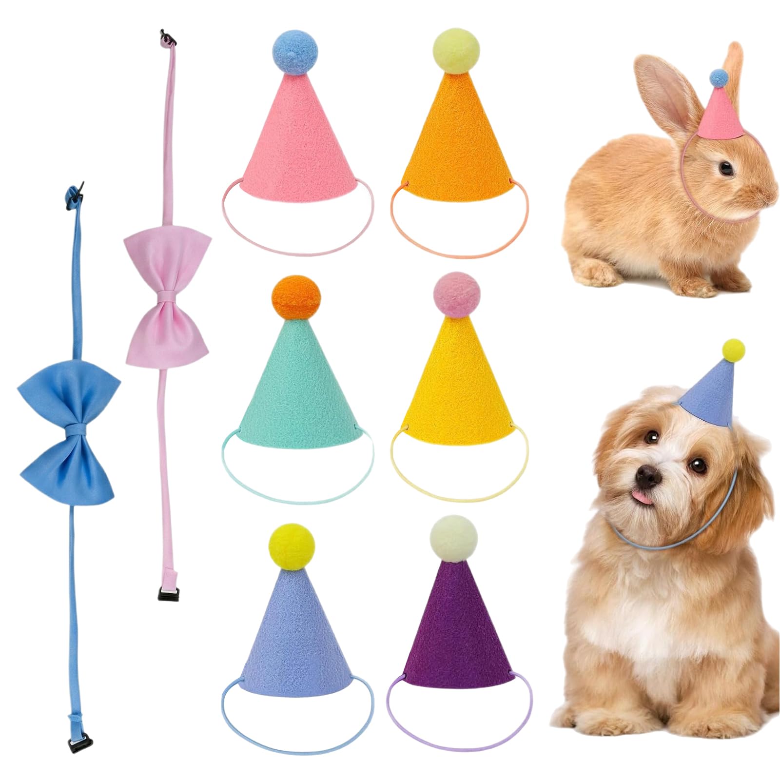 Merzio 6 Pack Mini Party Hats with 2 pcs Bow Ties for Pet, Colorful Small Party Caps for Dogs Cats and Stuffed Animals, Pet Birthday Party Photo Props Costume Accessories
