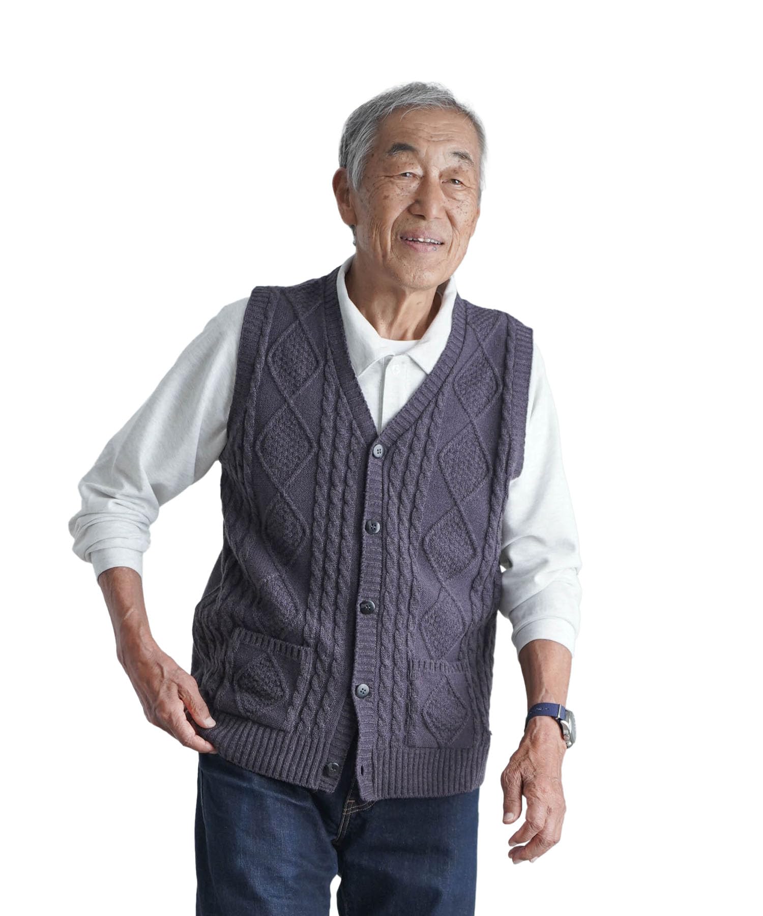 Papas 男性用ハンドニットのベスト 絹混ウール 革のクルミボタン使用