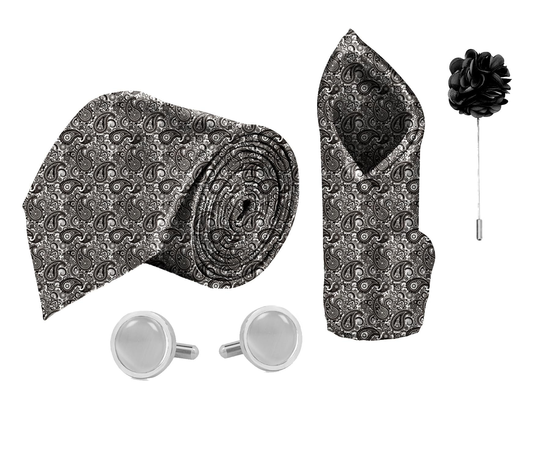 blacksmith Grey Paisley Printed Tie and Pocket Square Set for Men with Natural Stone Cufflink and Matching Flower Lapel Pin-picture-25