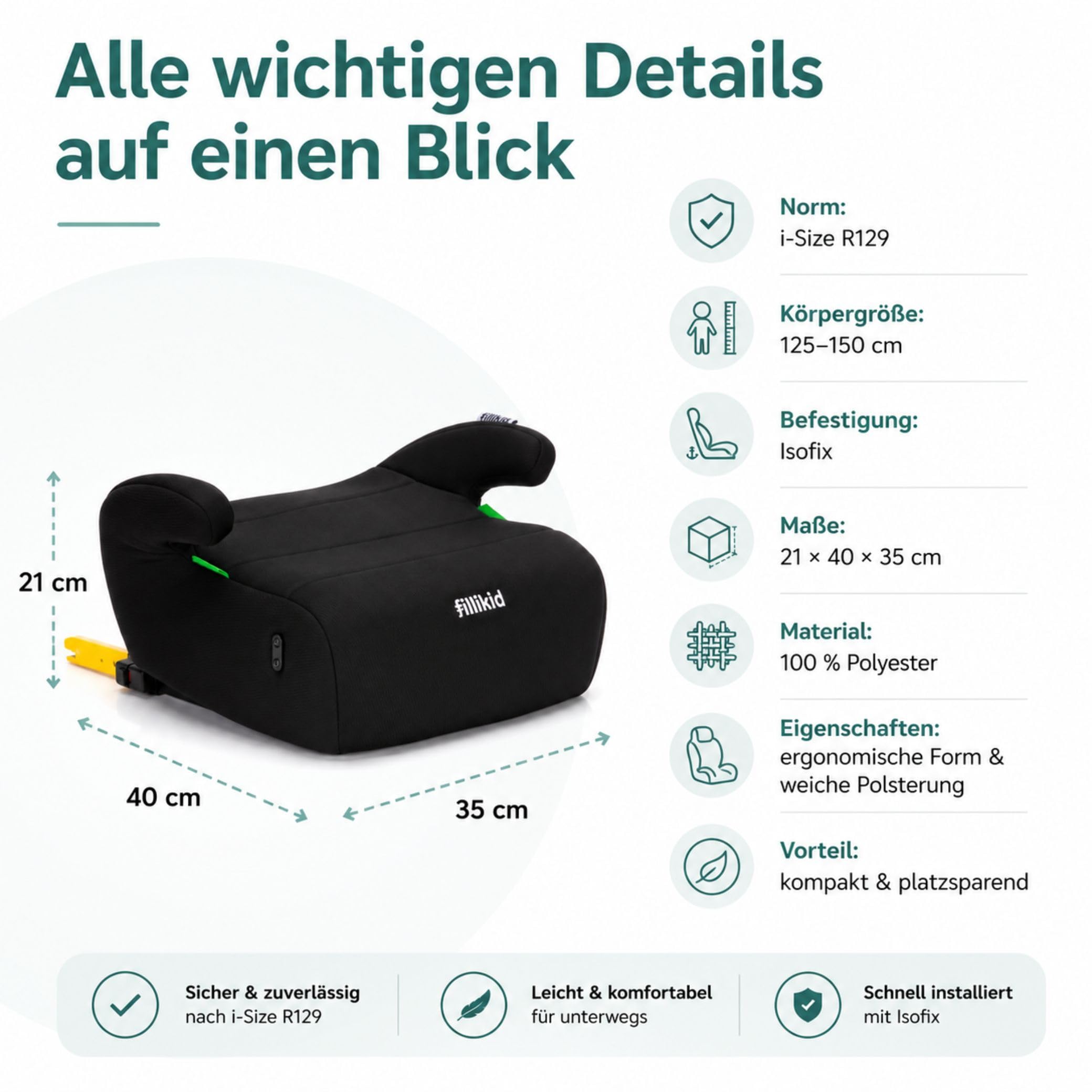 Fillikid Sitzerhöhung Exklusiv i-Size R129 125–150 cm Autositz Booster Seat Isofix-Befestigung