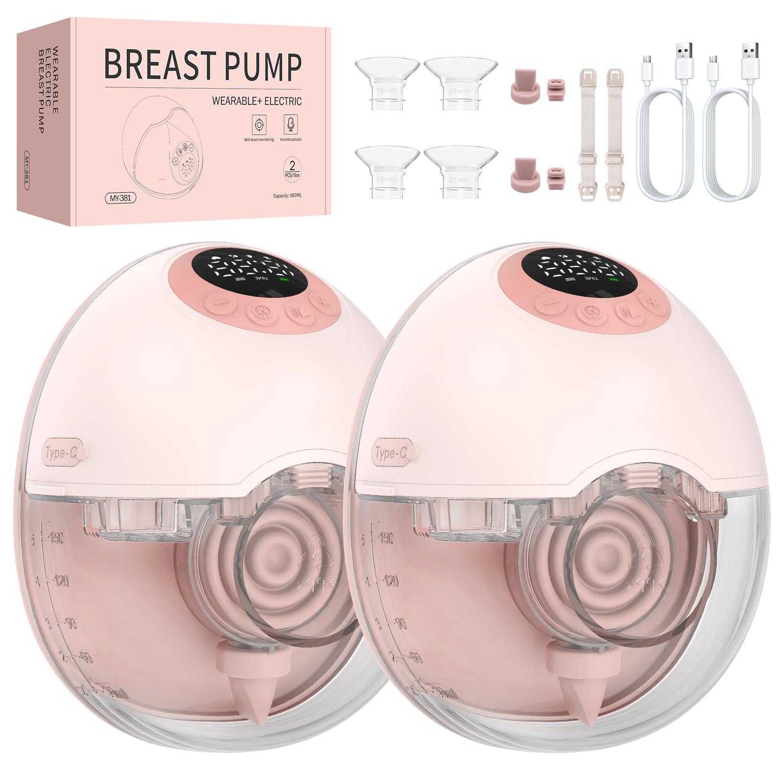 FUNYKICH Tiralatte Elettrico Indossabile Senza Mani con Monitoraggio Intelligente e Promemoria Vocale,4 Modalità/12 Livelli di Suzione,Flange 19/21/24 mm,Senza BPA,Tiralatte Elettrico Doppio Rosa