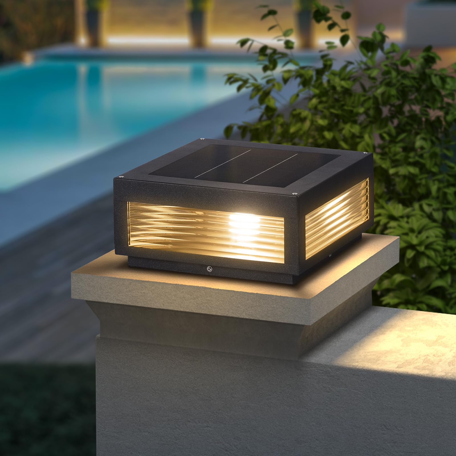 Photo 1 of PAKEDANDUN Solar Post Light,11.81''x11.81'' Waterproof Column Pillar Lights Dusk to Dawn Modern Lamp Posts 3000K LED E26 Bulb Decoration Lantern for Garden Fence Patio Driveway