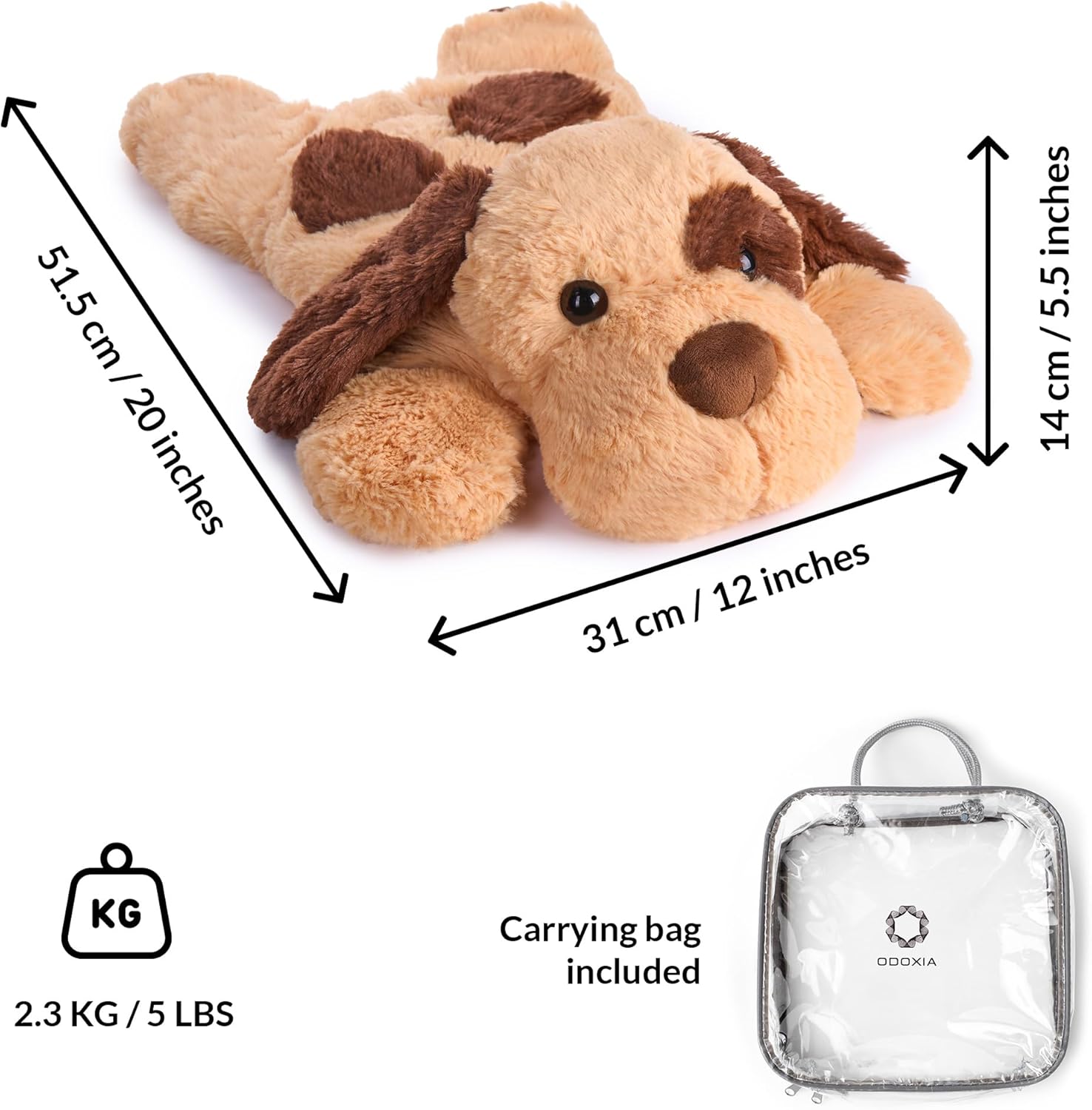 ODOXIA Weighted Stuffed Animal for Anxiety | 5 Lbs | Calming & Comforting | Dog Stuffed Animal Sensory | Weighted Plush Toy | for Adults and Kids | Includes Carrying Bag