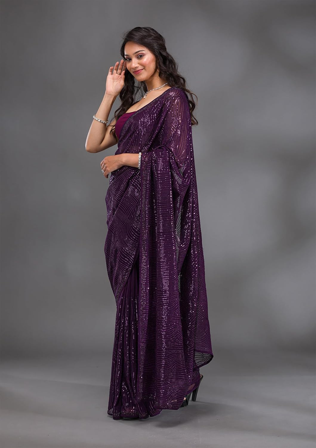 TRENDMALLS Women's Georgette Sequence Embroidery Work Saree with Unstitch Blouse Piece