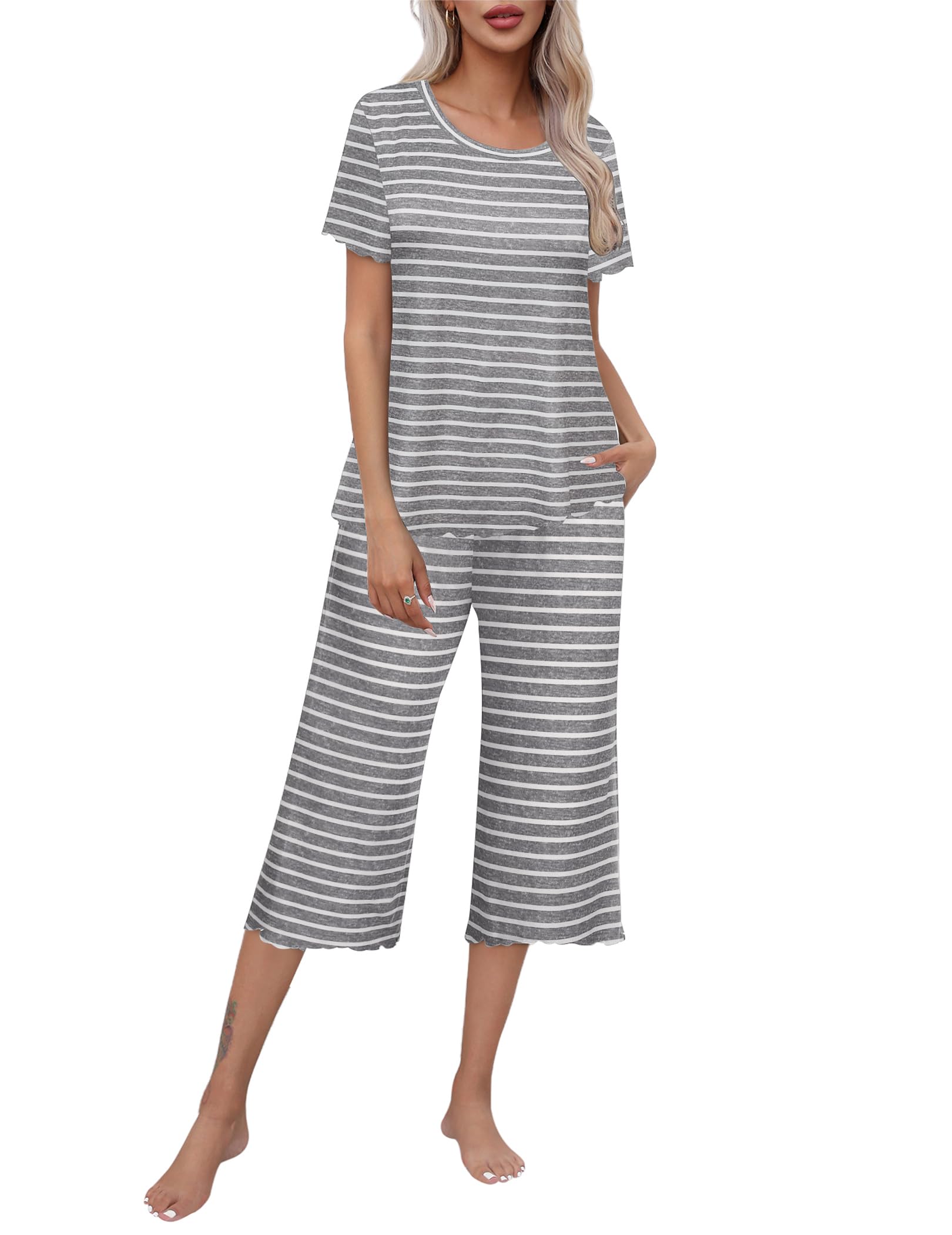 Ekouaer Capri Pajamas for Women Soft Pjs Set Short Sleeve Tee Top Loungewear Soft 2 Piece Sleepwear