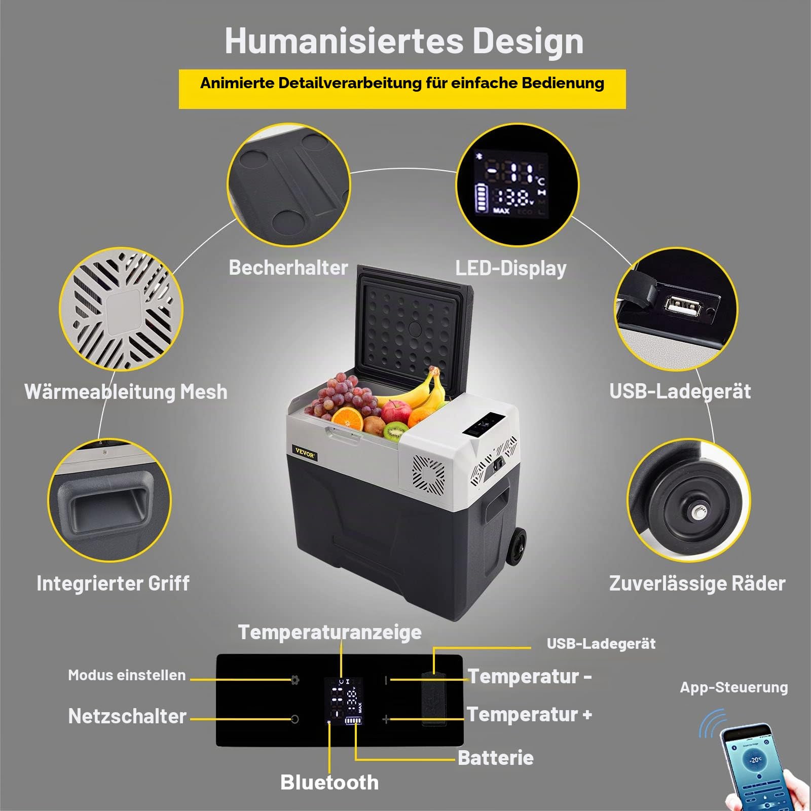 VEVOR Tragbare Thermoelektrische Kühlbox 50 L Reise-Kühlschrank für Auto Tragbare elektrische Reise Auto Mini Kühlschrank für Getränke mit LCD